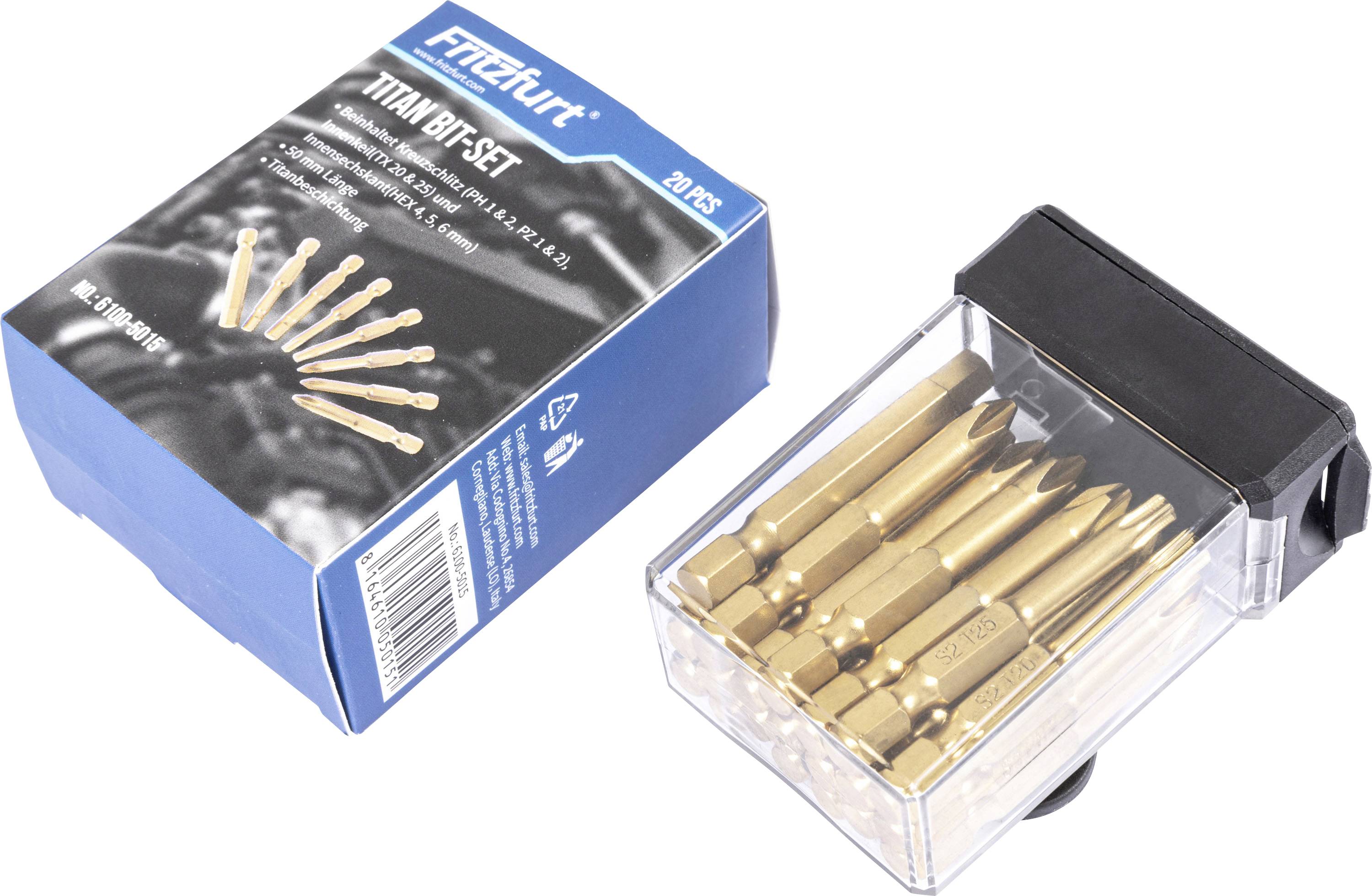Titan-Bohrersatz in einem durchsichtigen Kunststoffkoffer neben seiner blauen Produktbox auf weißem Hintergrund