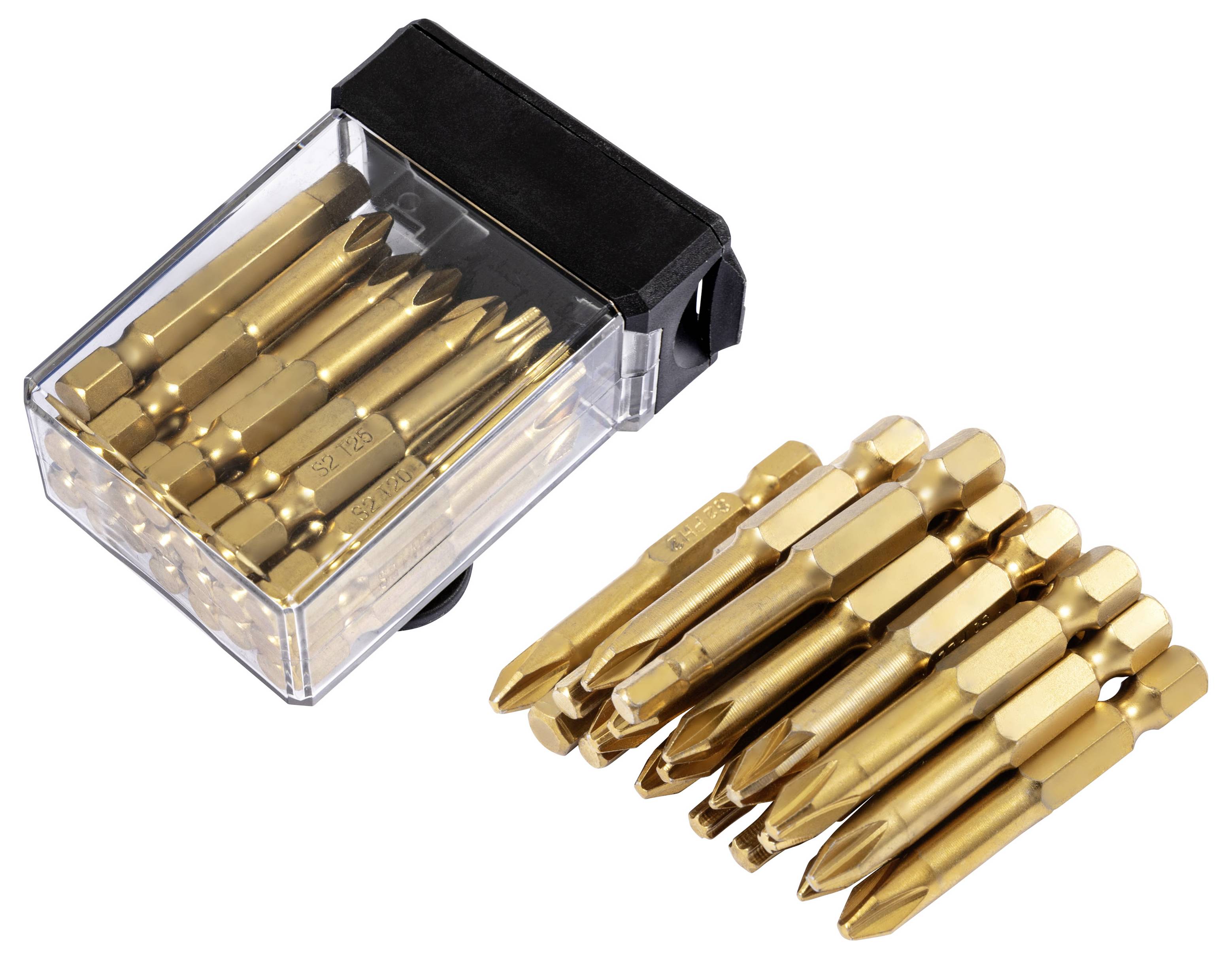 Assortierte goldfarben Schraubendreherbits in einem durchsichtigen Kunststoff-Aufbewahrungskoffer, mit einem separaten Haufen von Bits daneben.