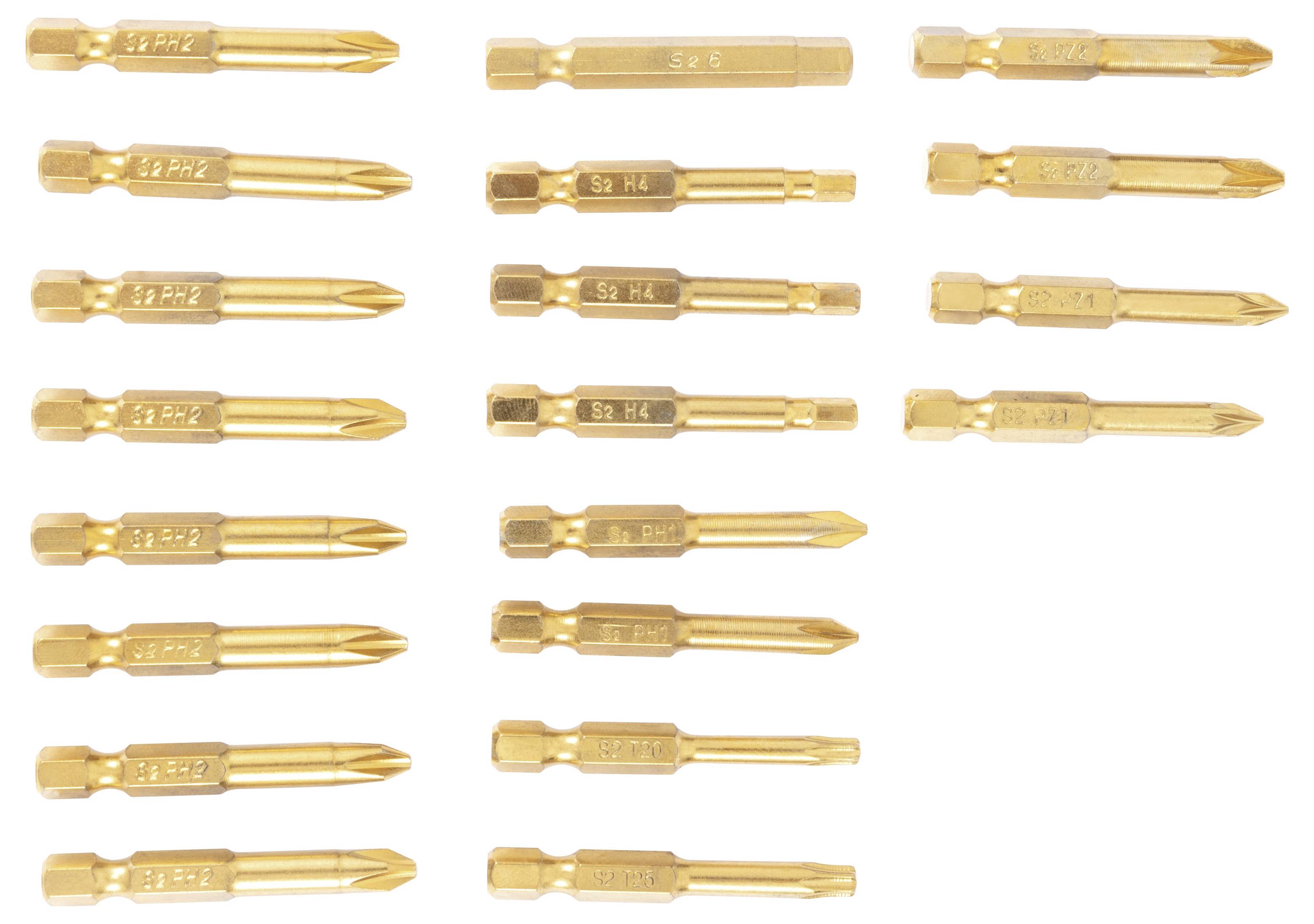 Assorted gold-farbige Schraubendreherbits, die in drei vertikalen Spalten auf weißem Hintergrund angeordnet sind.
