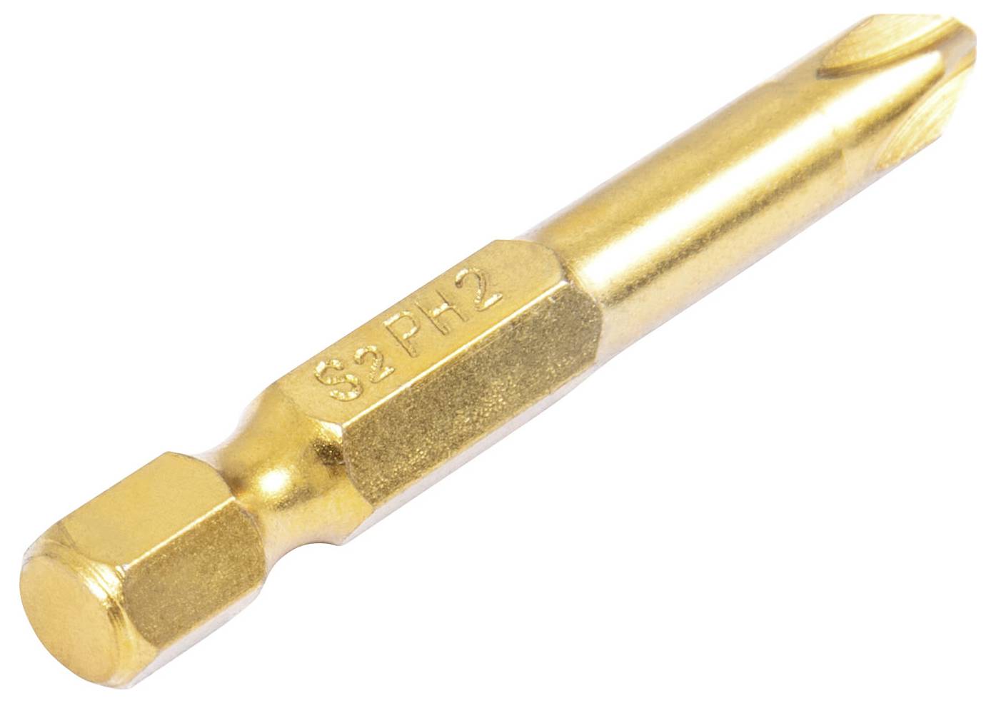 Goldener Schraubendreherbits mit sechskantigem Schaft und Philips-Kopf, beschriftet mit „S2 PH2