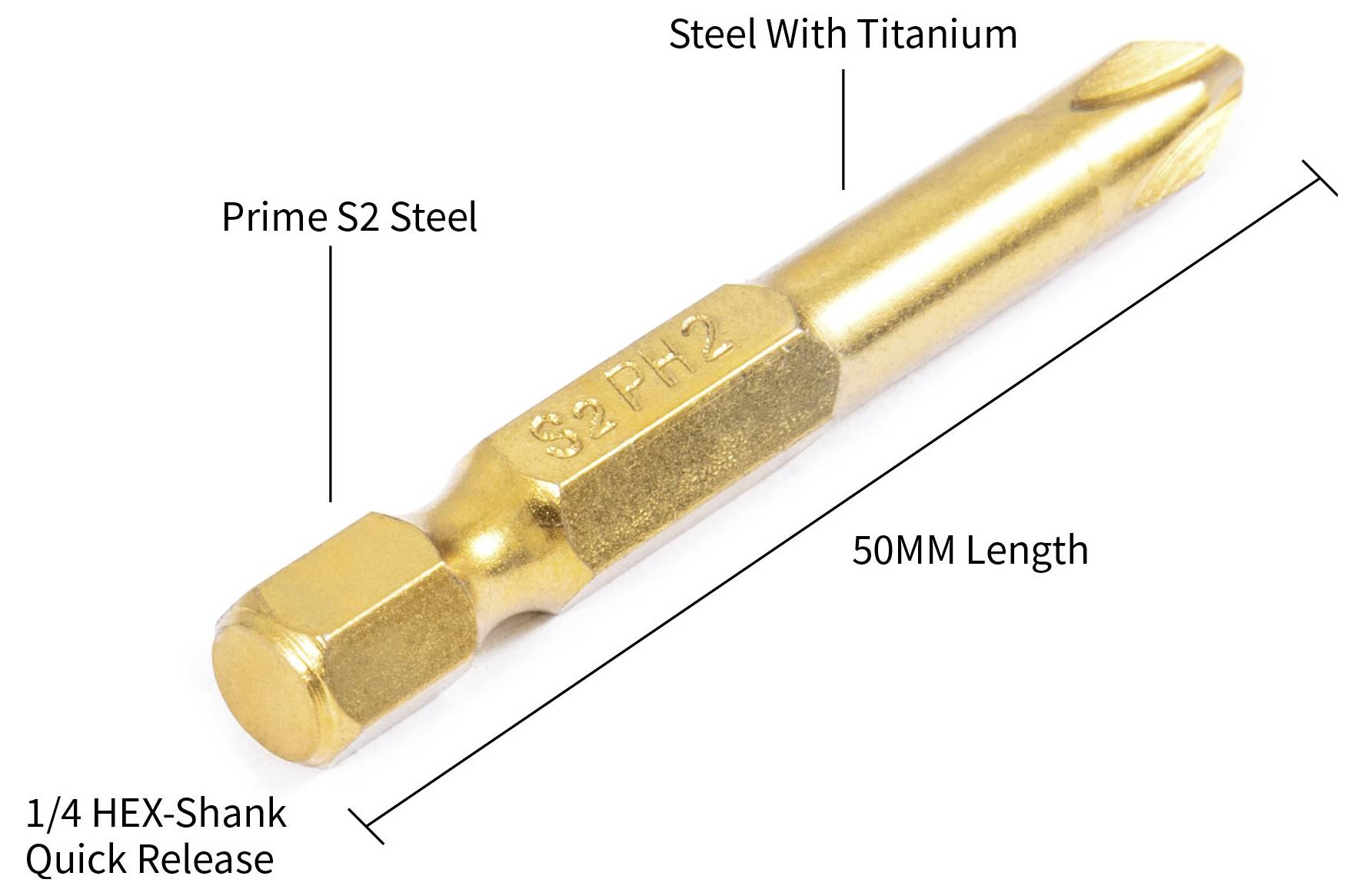Beschriftetes Bild eines goldenen 50-mm-Schraubendreherbits mit der Bezeichnung Prime S2 Steel, Steel With Titanium und 1/4 HEX-Shank Quick Release.