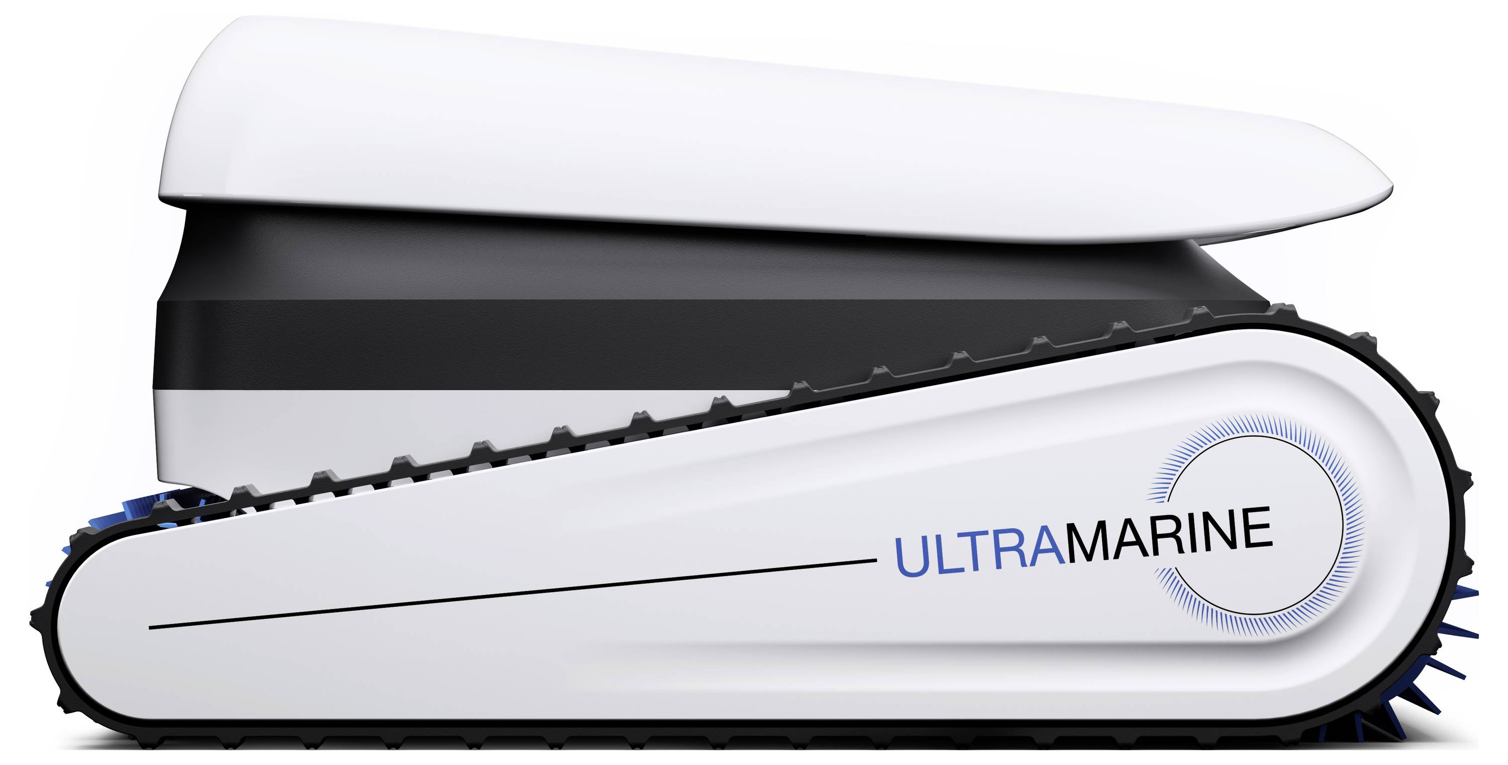 Ein Roboter-Poolreiniger mit Raupenantrieb im Panzerstil, mit der Bezeichnung „ULTRAMARINE