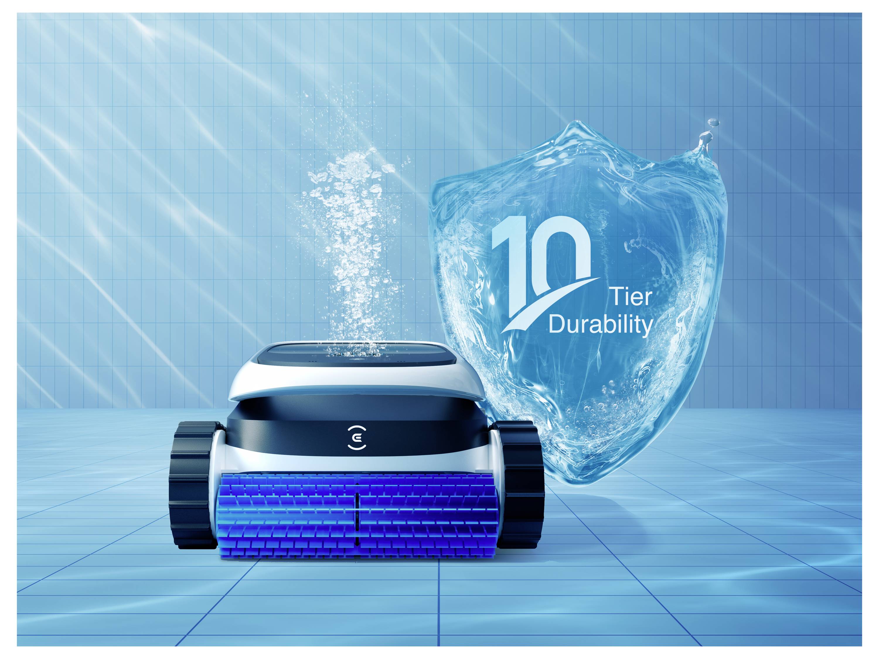 Ein robotischer Poolreiniger bewegt sich unter Wasser und stoßt Blasen aus. Ein Wasserschutzsymbol zeigt „10-stufige Haltbarkeit