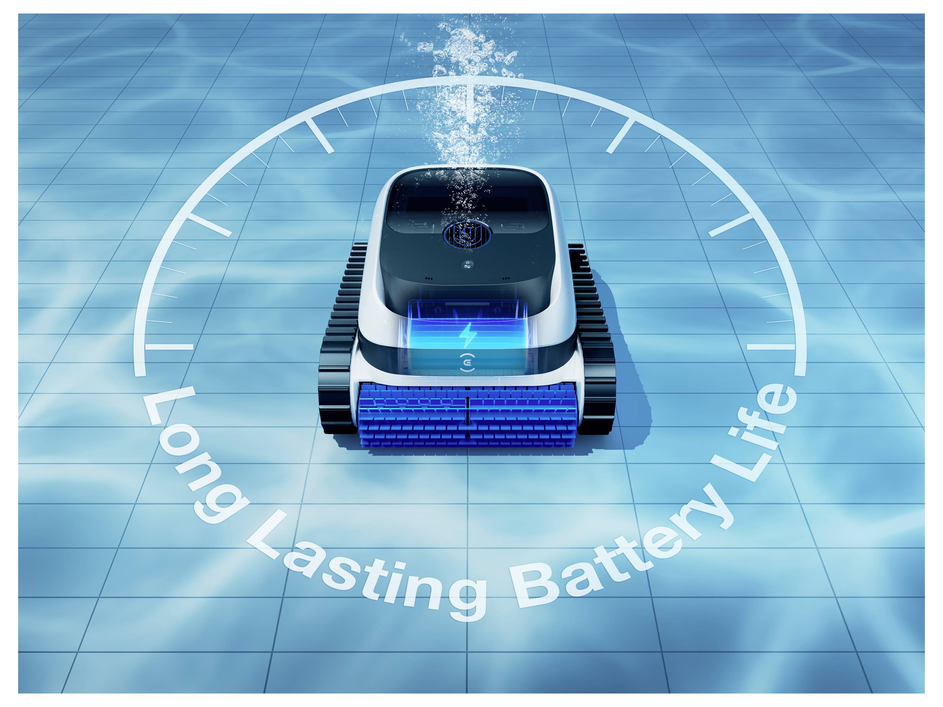 Ein Poolroboter unter Wasser zeigt den Text 