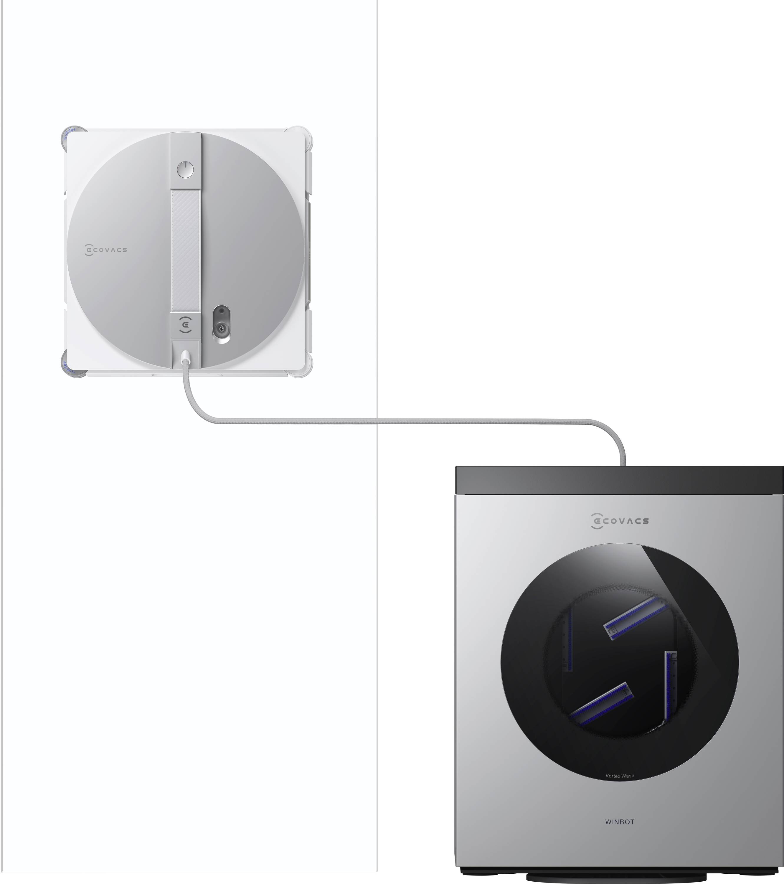 Ein Fensterroboter, der mit einem Kabel an ein Kontrollgerät auf dem Boden befestigt ist.