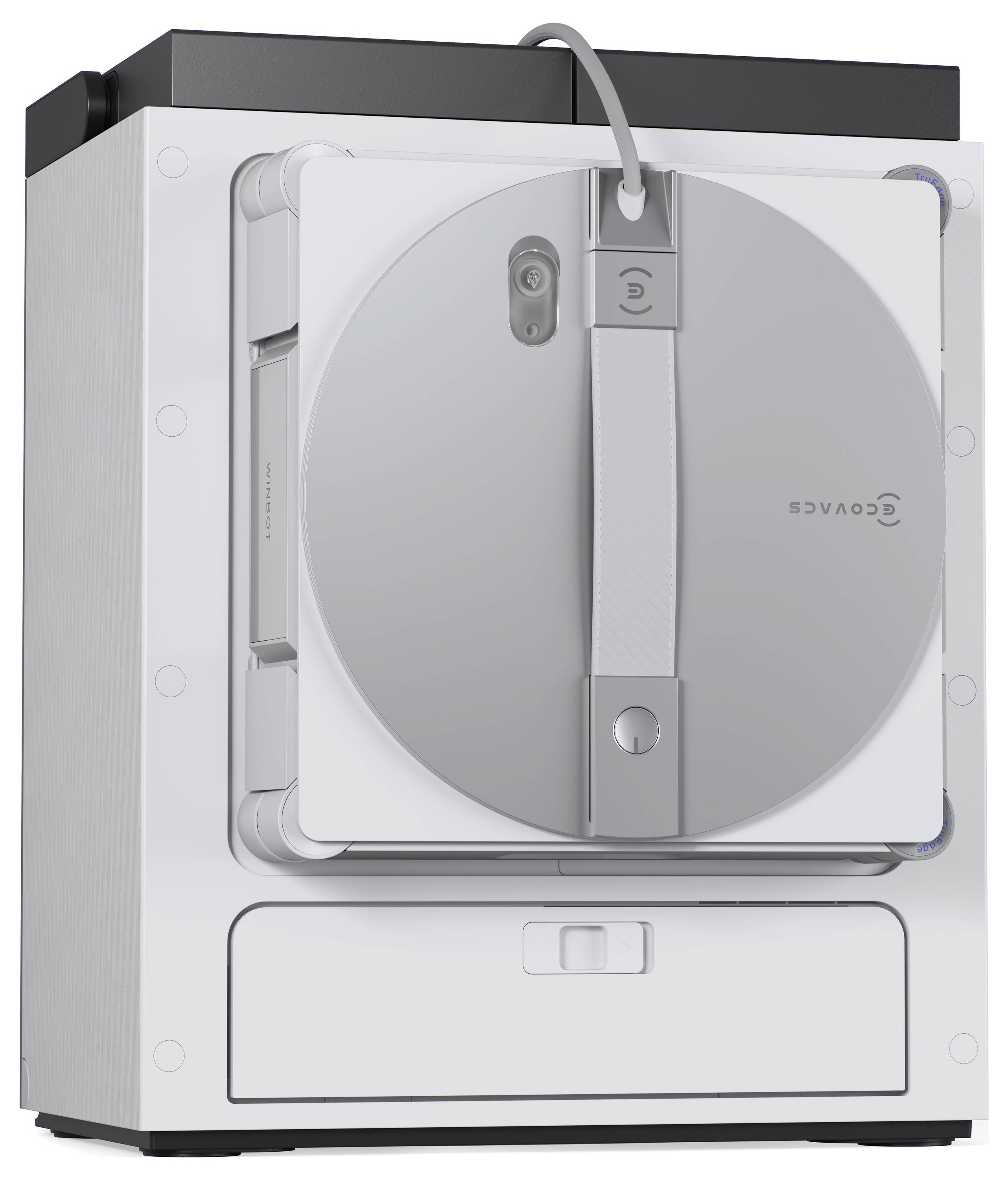 Ein weißer quadratischer Roboter mit einer abgerundeten Vorderseite, beschriftet mit 