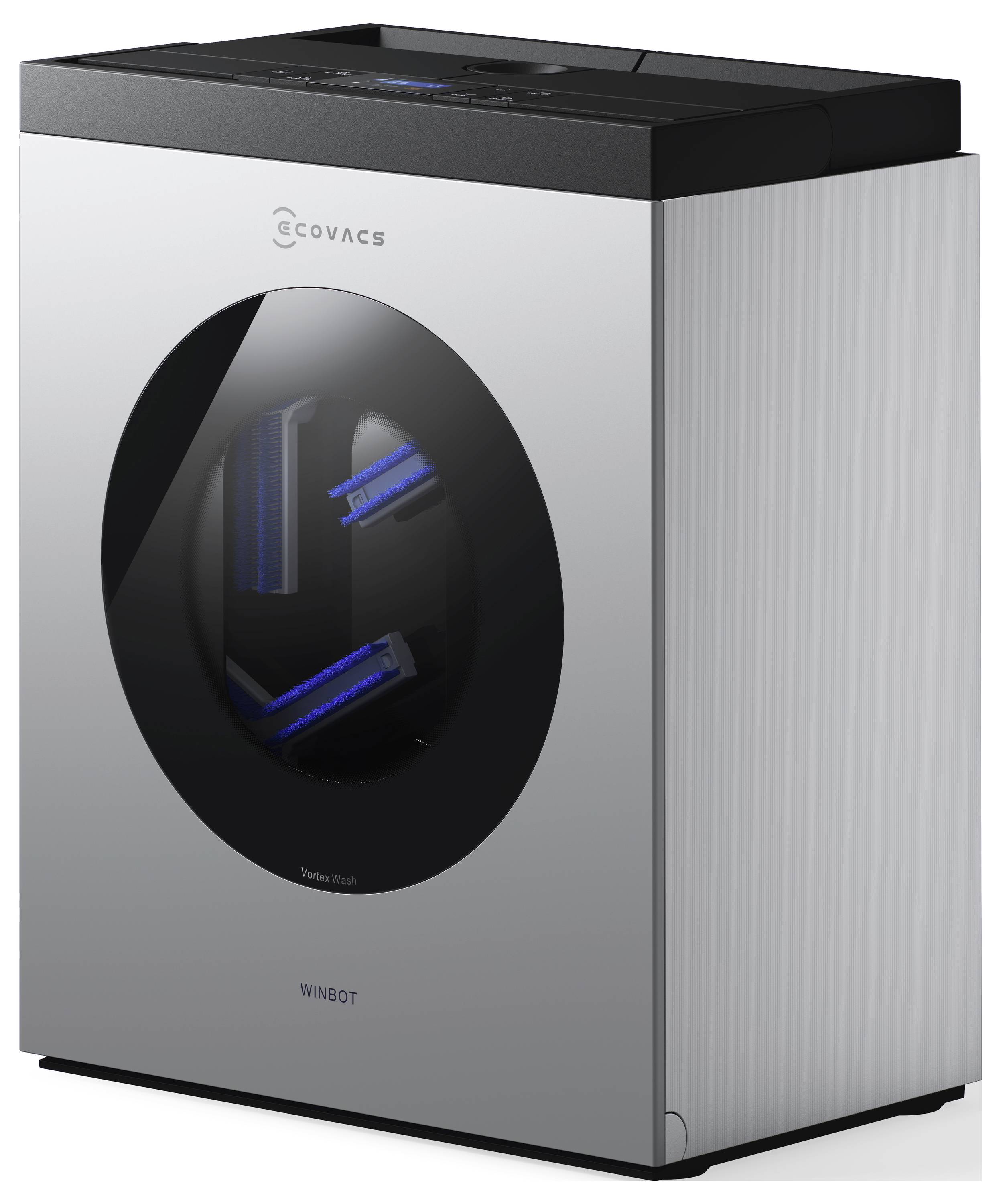 Rechteckiger Roboter-Fensterreiniger mit schlankem grau-schwarzem Design, mit kreisförmigem Reinigungspad, leicht angewinkelt dargestellt.