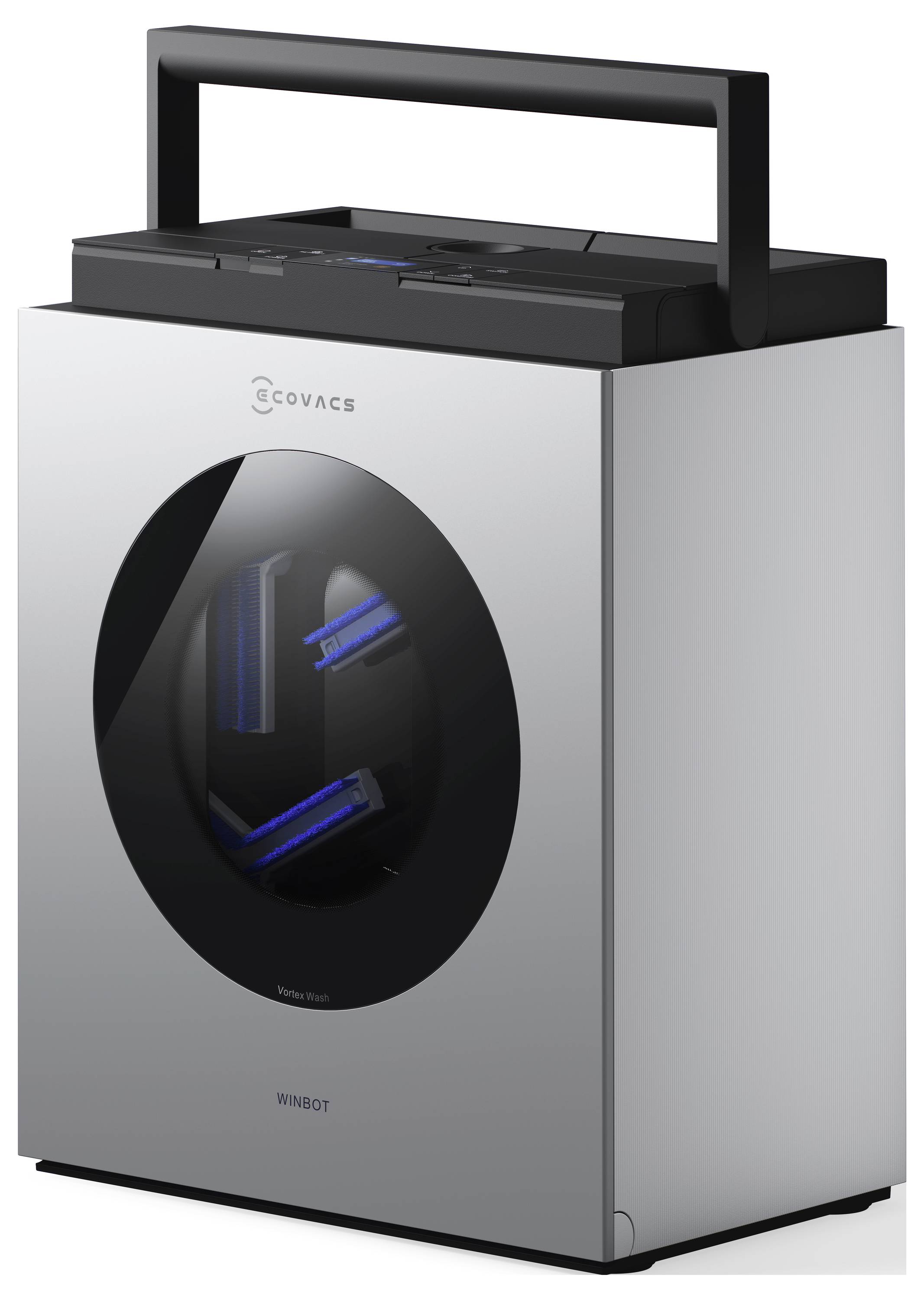 Ein eleganter, moderner rechteckiger Fensterroboter mit schwarzem und silbernem Design, mit sichtbaren Bürsten und Sensoren im Inneren.