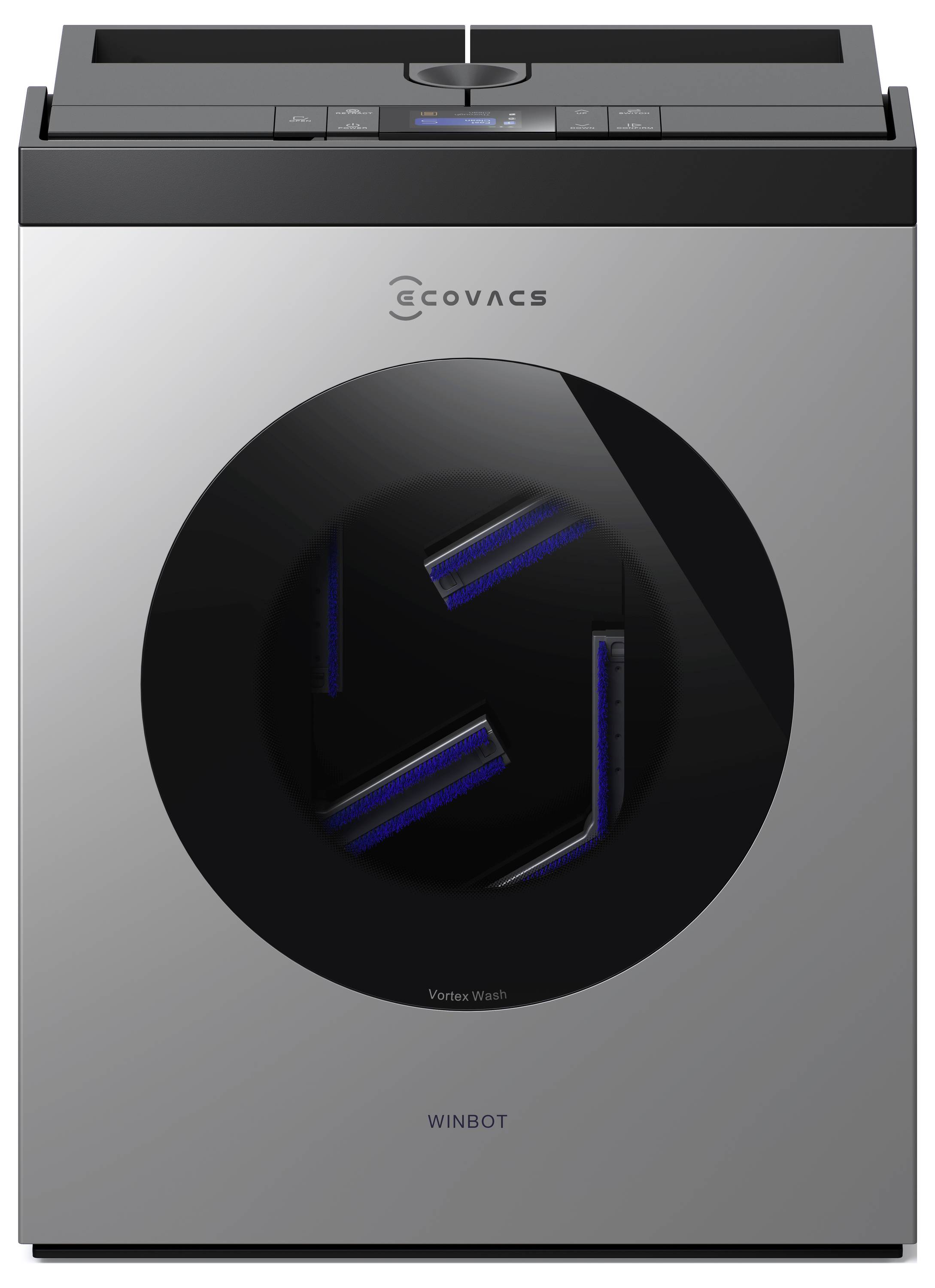 Eine Waschmaschine mit digitaler Anzeige und einer großen kreisförmigen Tür, beschriftet mit 