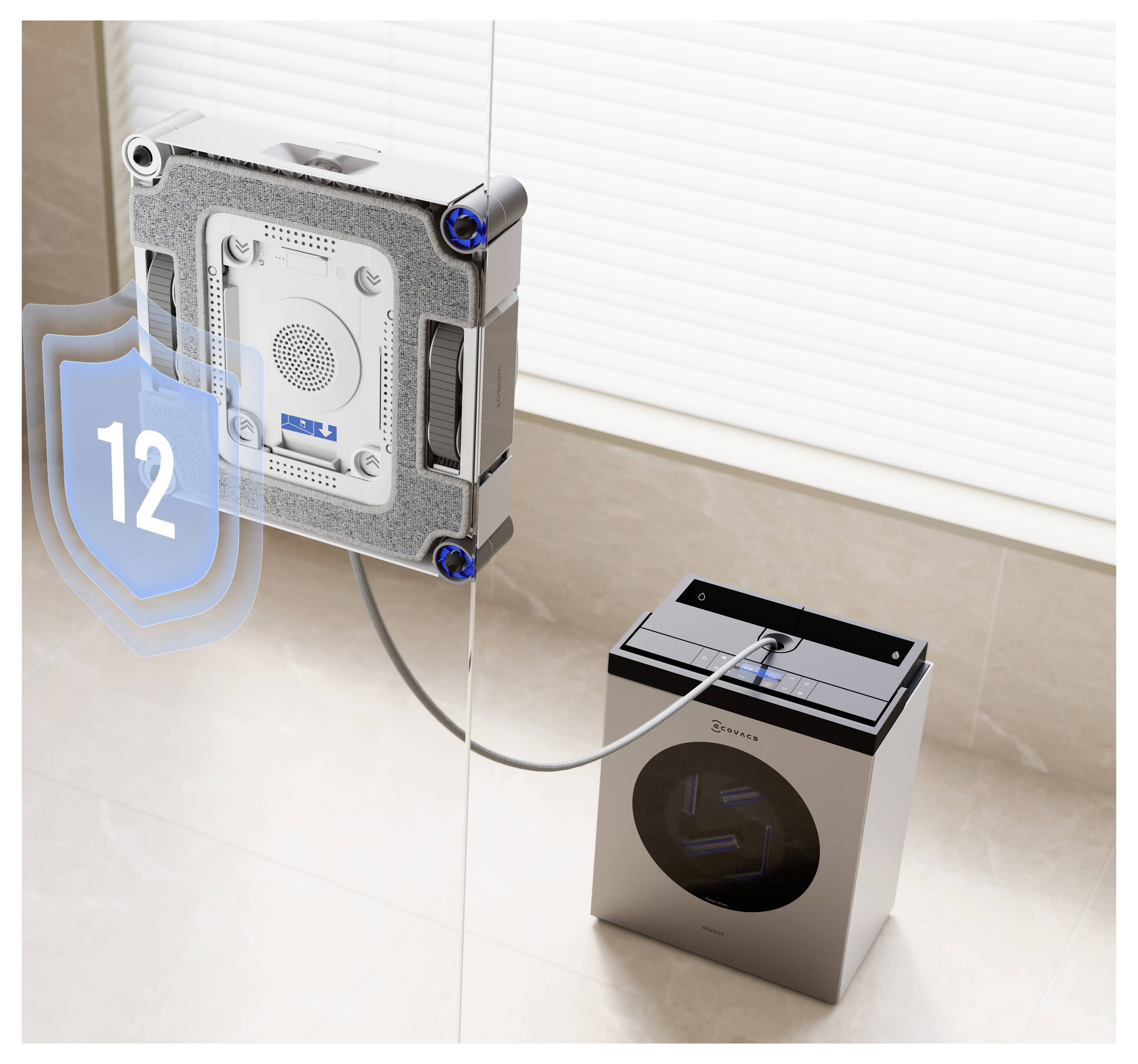 Ein Fensterreinigungs-Roboter ist an einer Glasfläche befestigt und über ein Kabel mit einer kleinen Kiste auf dem Boden verbunden. Ein blaues Schild mit „12