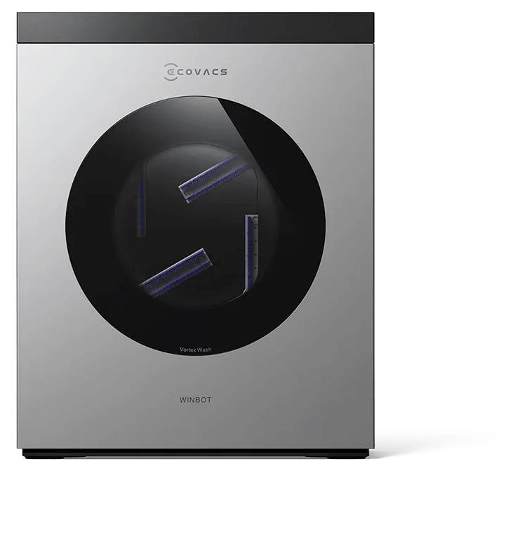 Ein Fensterputzroboter mit schlankem, modernem Design, das Reinigungspads in einem runden Fenster zeigt, mit der Marke 