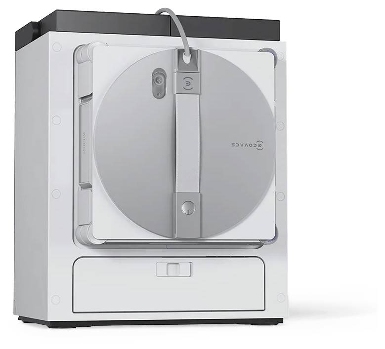 Ein moderner, weißer Roboter zur Fensterreinigung mit kreisförmigem Design, der an einer Wand angebracht ist und zur automatischen Glasreinigung verwendet wird.