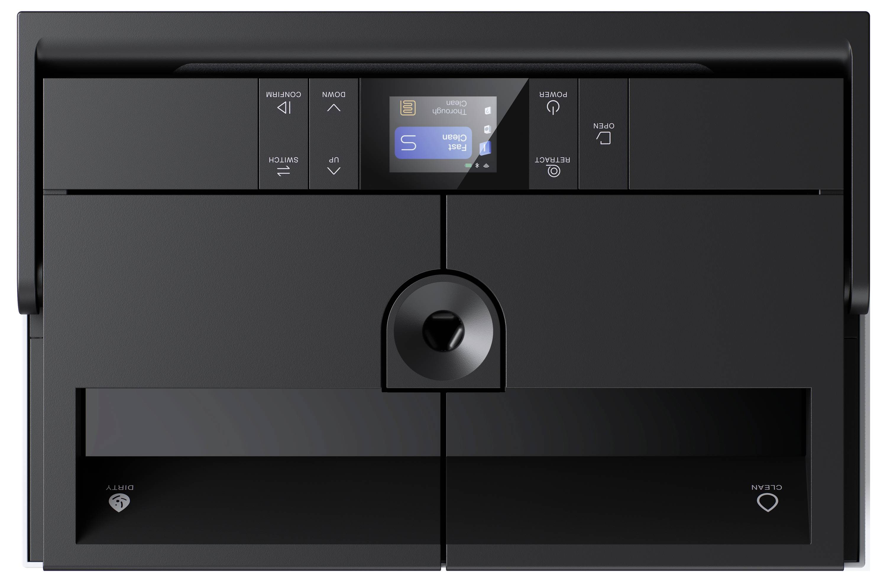 Eine moderne Kaffeemaschine mit mehreren Tasten, einem digitalen Display und doppelten Behältern, entwickelt für den Heim- oder Bürogebrauch.