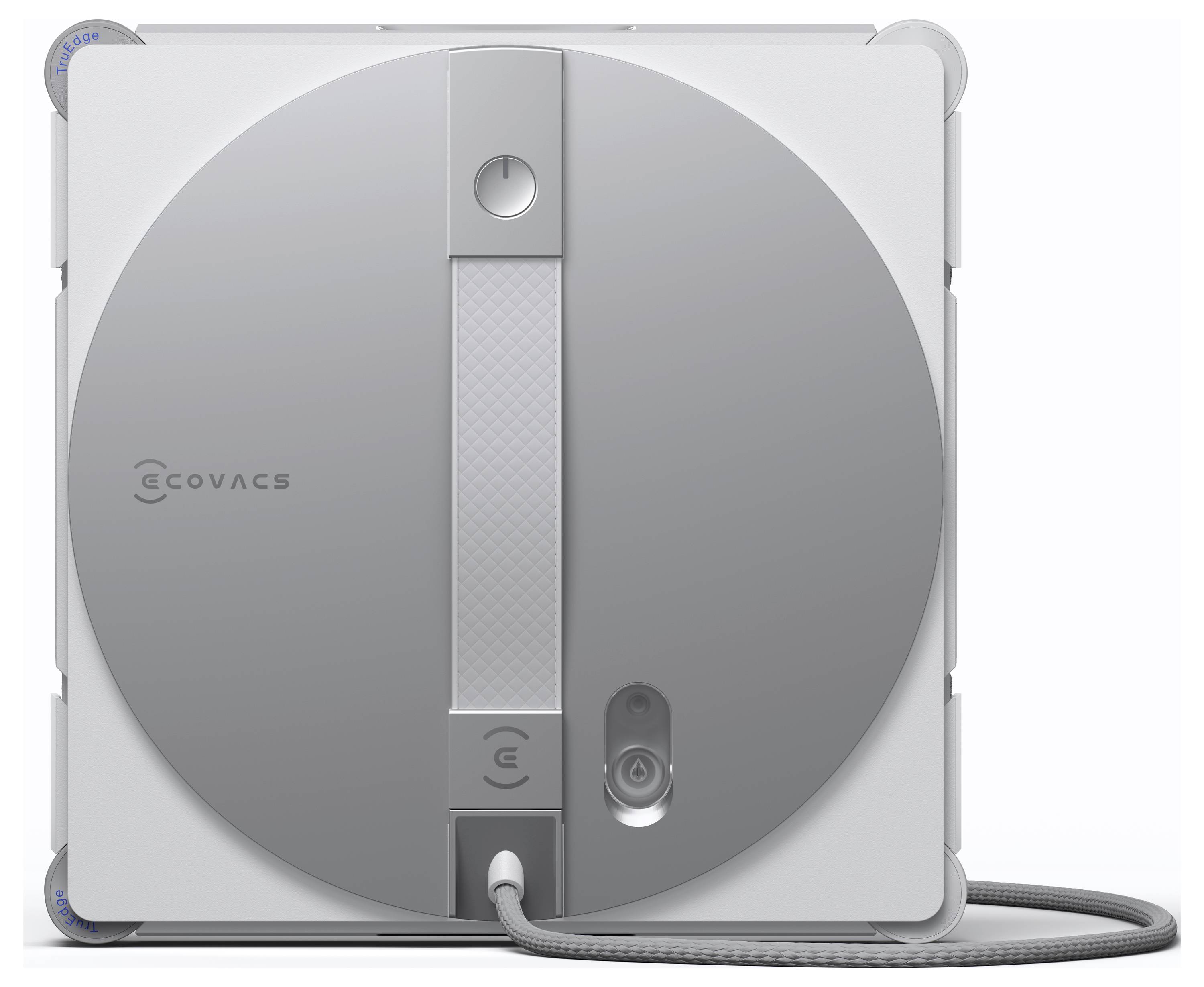 Ein Fensterputzroboter mit einer kreisförmigen grauen Reinigungsfläche, mit Stromschalter und Sicherheitsseil, entworfen von Ecovacs.