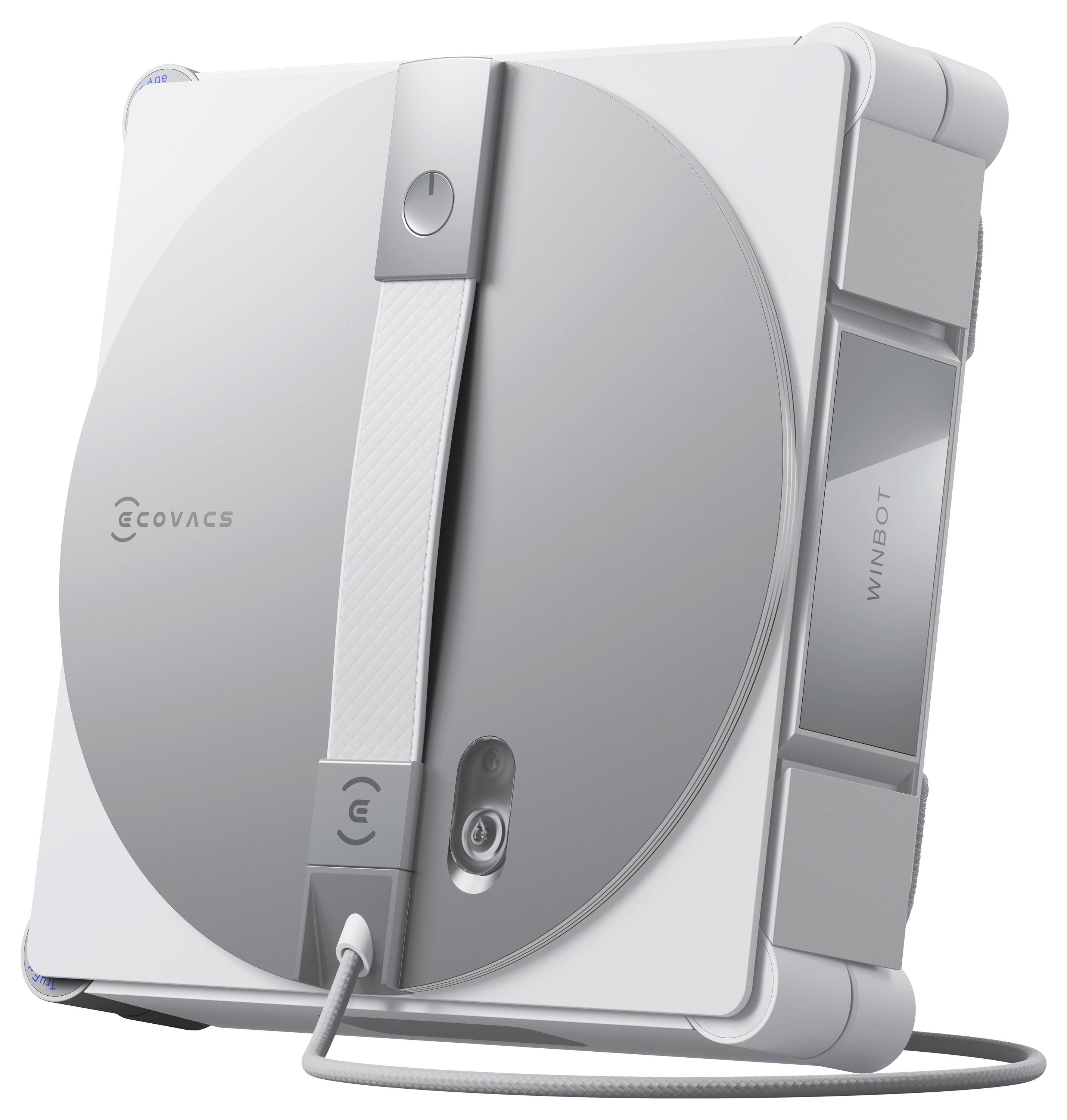 Ecovacs Winbot Glasreinigungs-Roboter mit modernem Design und angebrachtem Kabel für einfache Fensterreinigung.