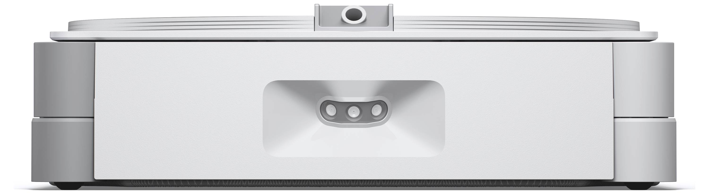 Ein weißer, rechteckiger Roboterstaubsauger von vorne gesehen, mit einer kleinen Kamera oben und einem Sensorfeld auf der Vorderseite.