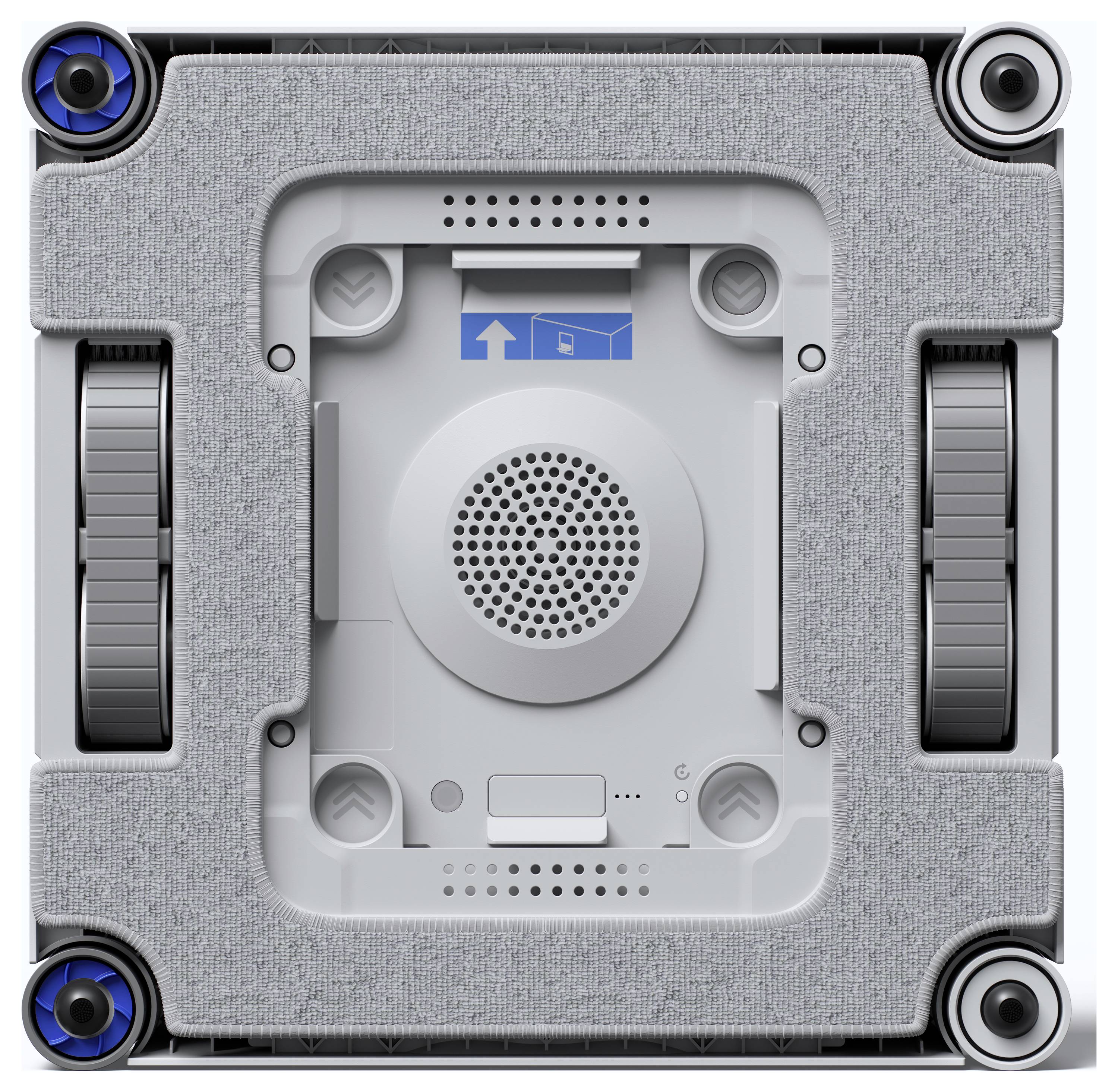 Eine Nahaufnahme der unteren Platte eines hochmodernen Geräts mit Rädern, einer zentralen Lüftungsöffnung und einer strukturierten grauen Stoffabdeckung.
