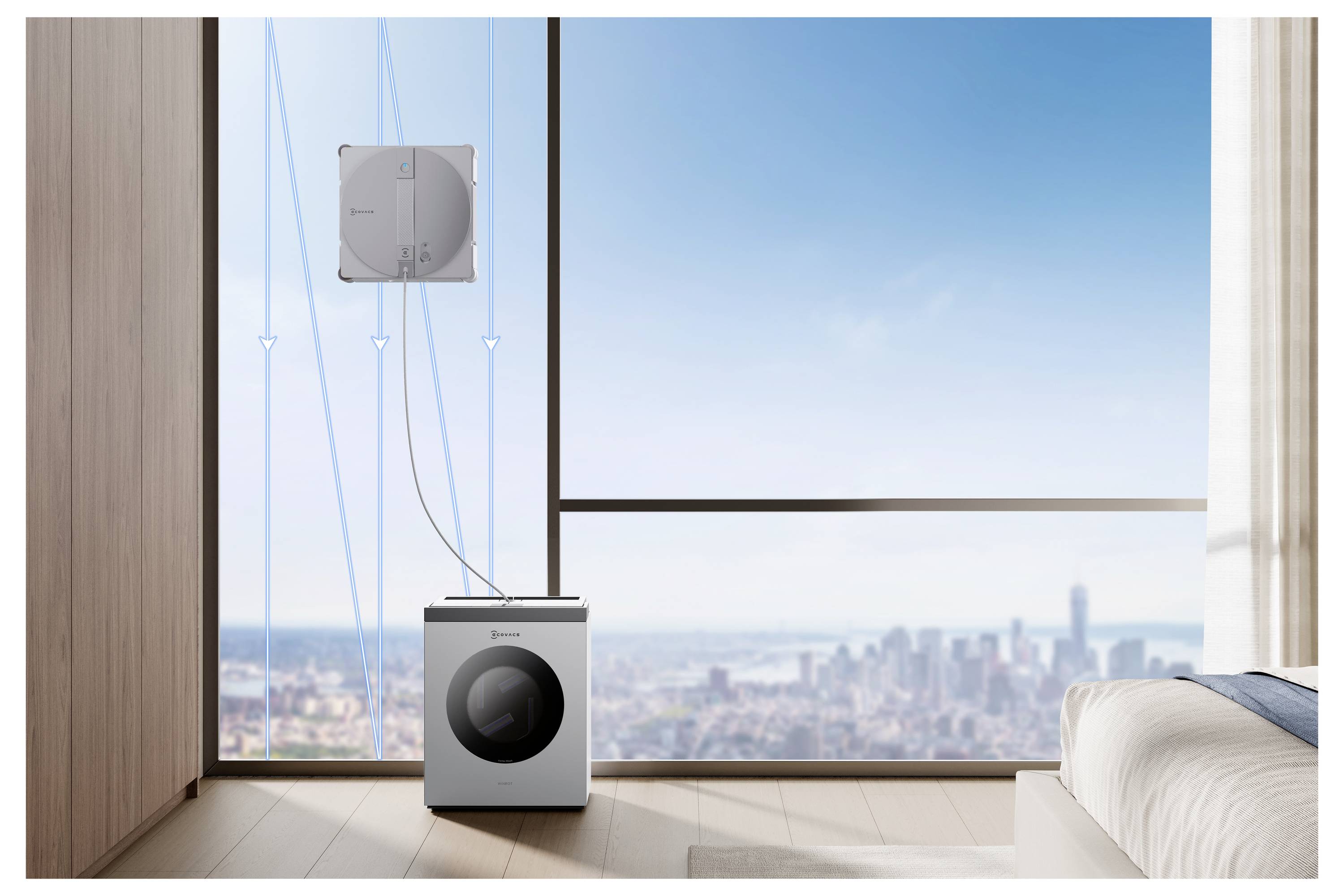 Ein modernes Waschzimmer mit einer Waschmaschine neben einem großen Fenster mit Blick auf eine Stadtlandschaft. Ein Lüftungssystem ist dargestellt und zeigt die Luftströmung.