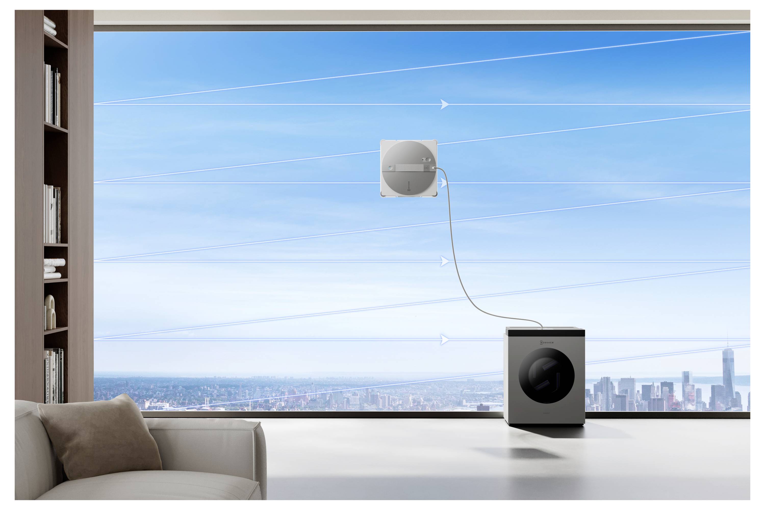 Eine Waschmaschine ist mit einer schwebenden Box außerhalb eines großen Fensters mit Blick auf eine Stadtlandschaft verbunden und symbolisiert drahtlose Stromübertragung.