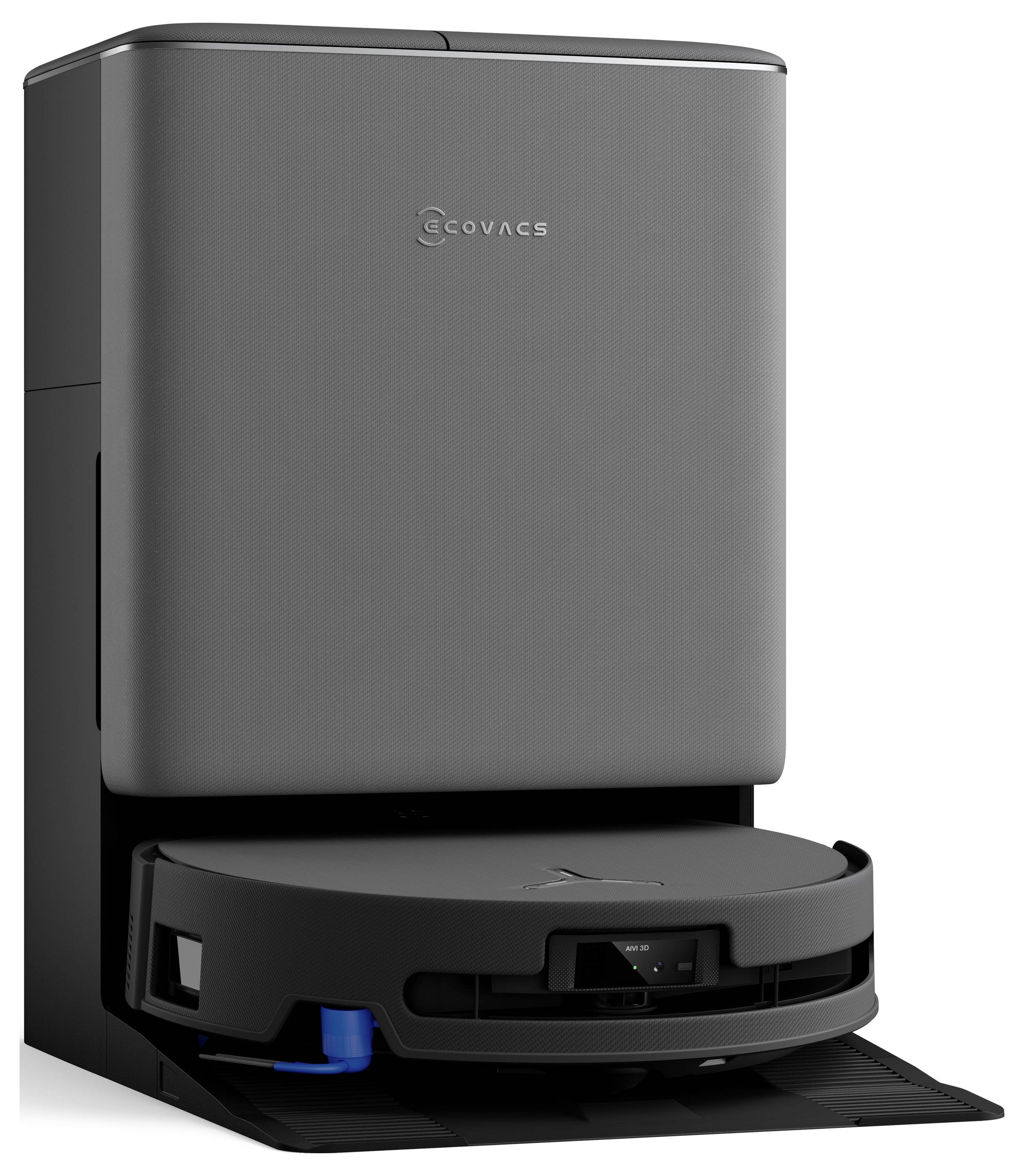 Roboter-Staubsauger in seiner Ladestation angedockt, mit elegantem, modernem Design und minimalistische Logo auf der Ladeeinheit.