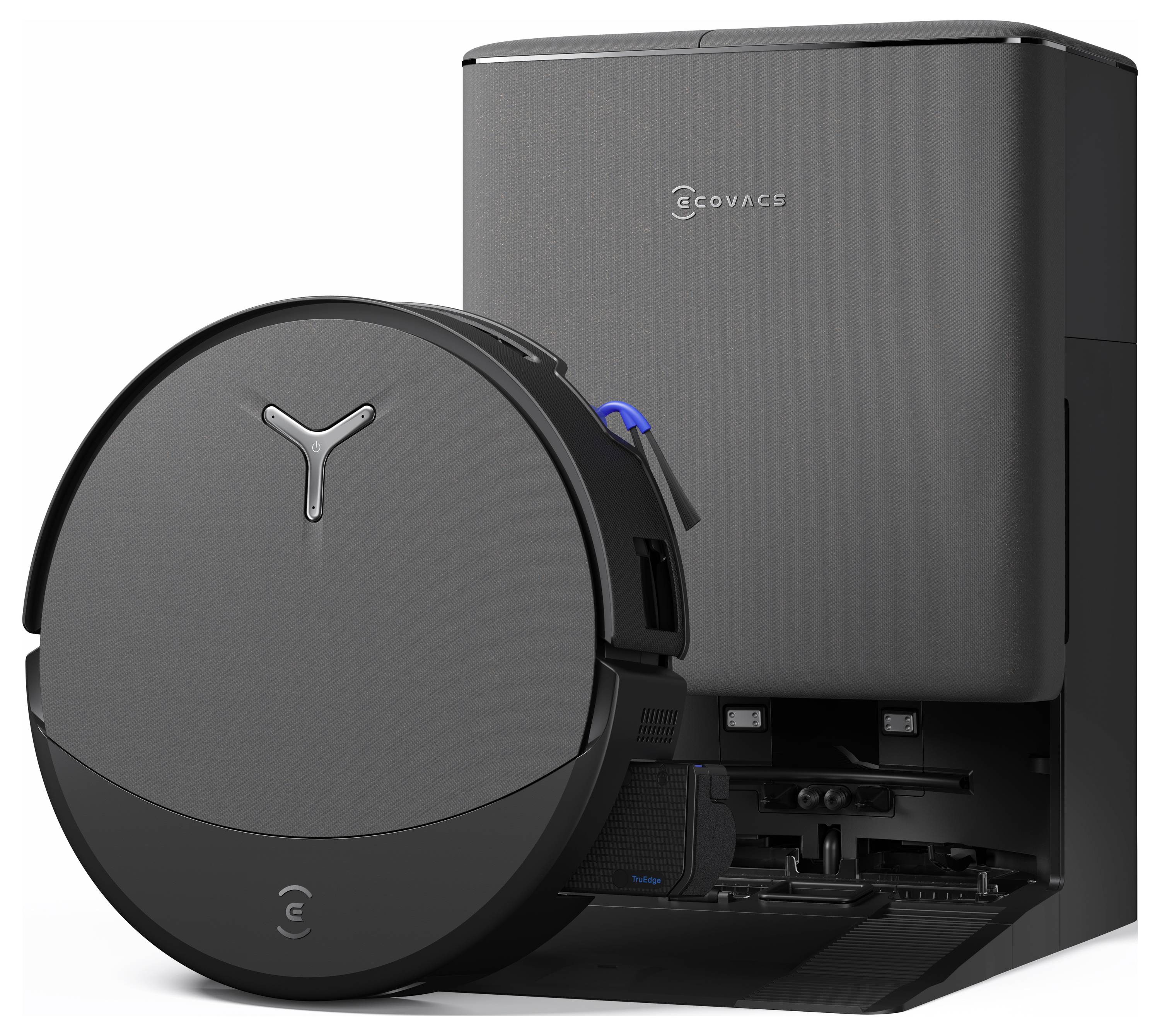 Ein Saugroboter mit Ladestation, mit einem schlanken schwarzen Design und berührungsempfindlichen Bedienelementen, vor weißem Hintergrund positioniert.