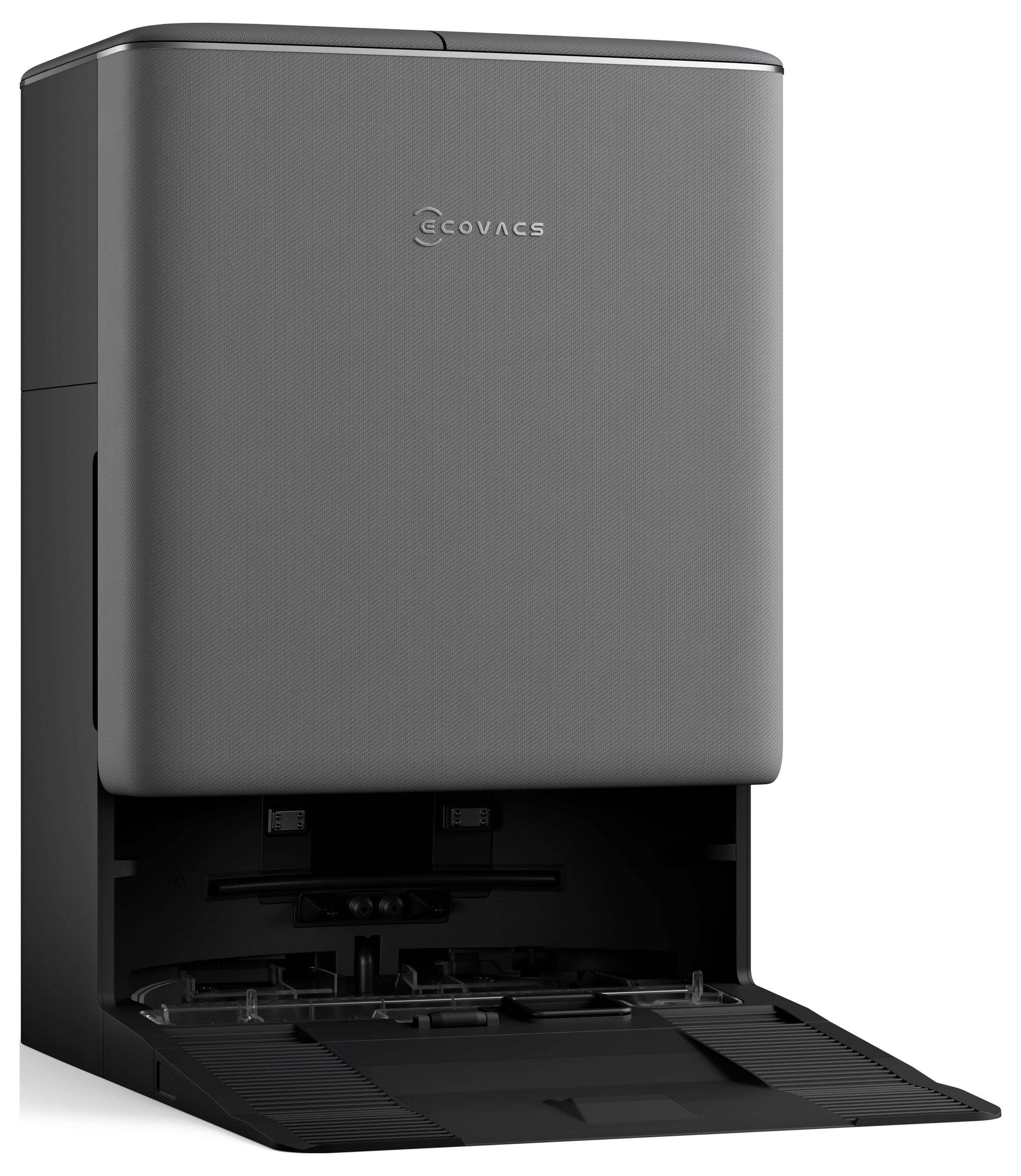 Eine schwarze Reinigungsrobotstation mit dem Markennamen 