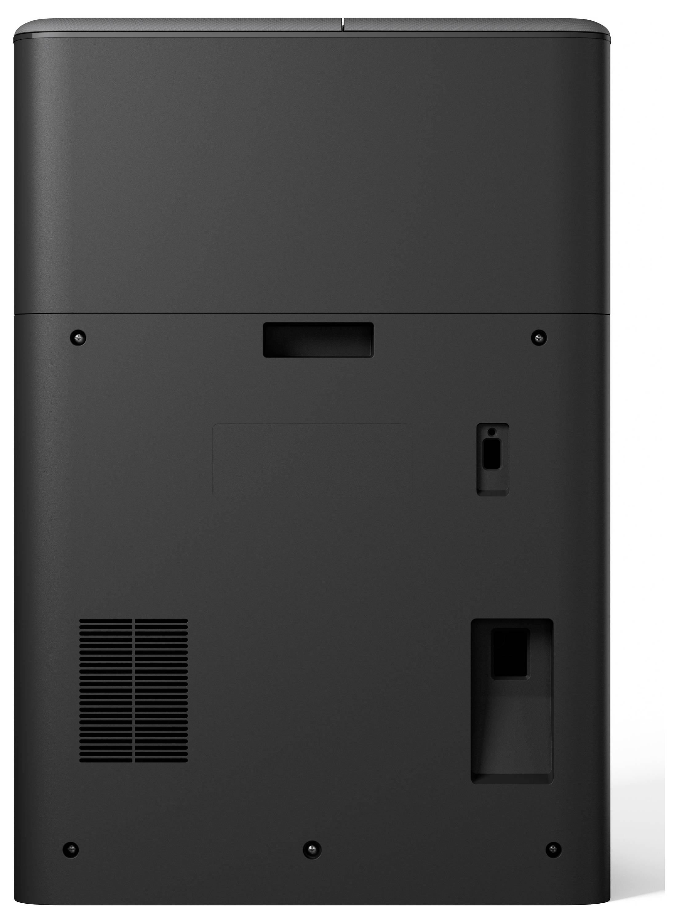 Rückansicht eines schwarzen elektronischen Geräts mit Lüftungsöffnung, Schlitzen und Anschlussanschlüssen. Einfaches, minimalistisches Design, wahrscheinlich ein Haushaltsgerät.