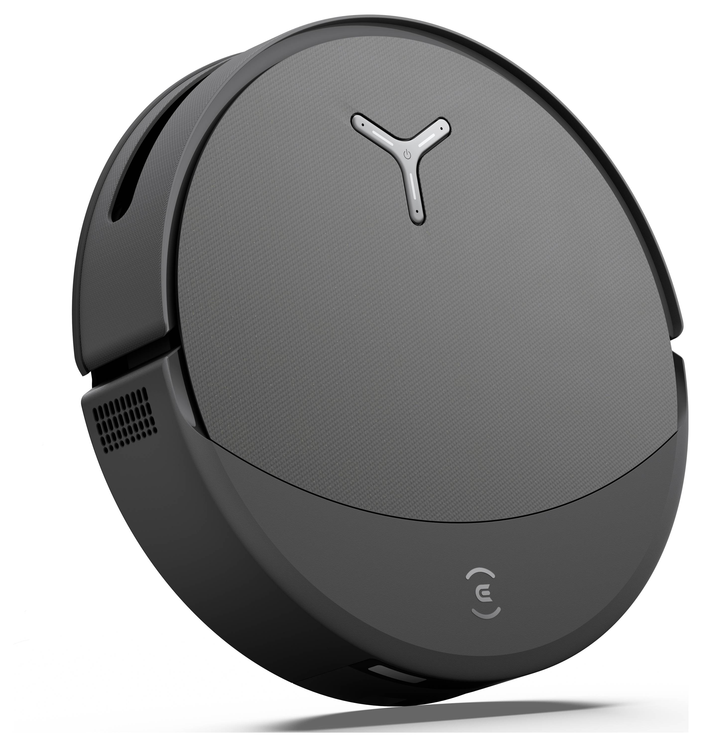 Ein eleganter, schwarzer Roboterstaubsauger mit kreisförmigem Design, ausgestattet mit einer minimalistischen Bedienoberfläche auf seiner Oberseite.