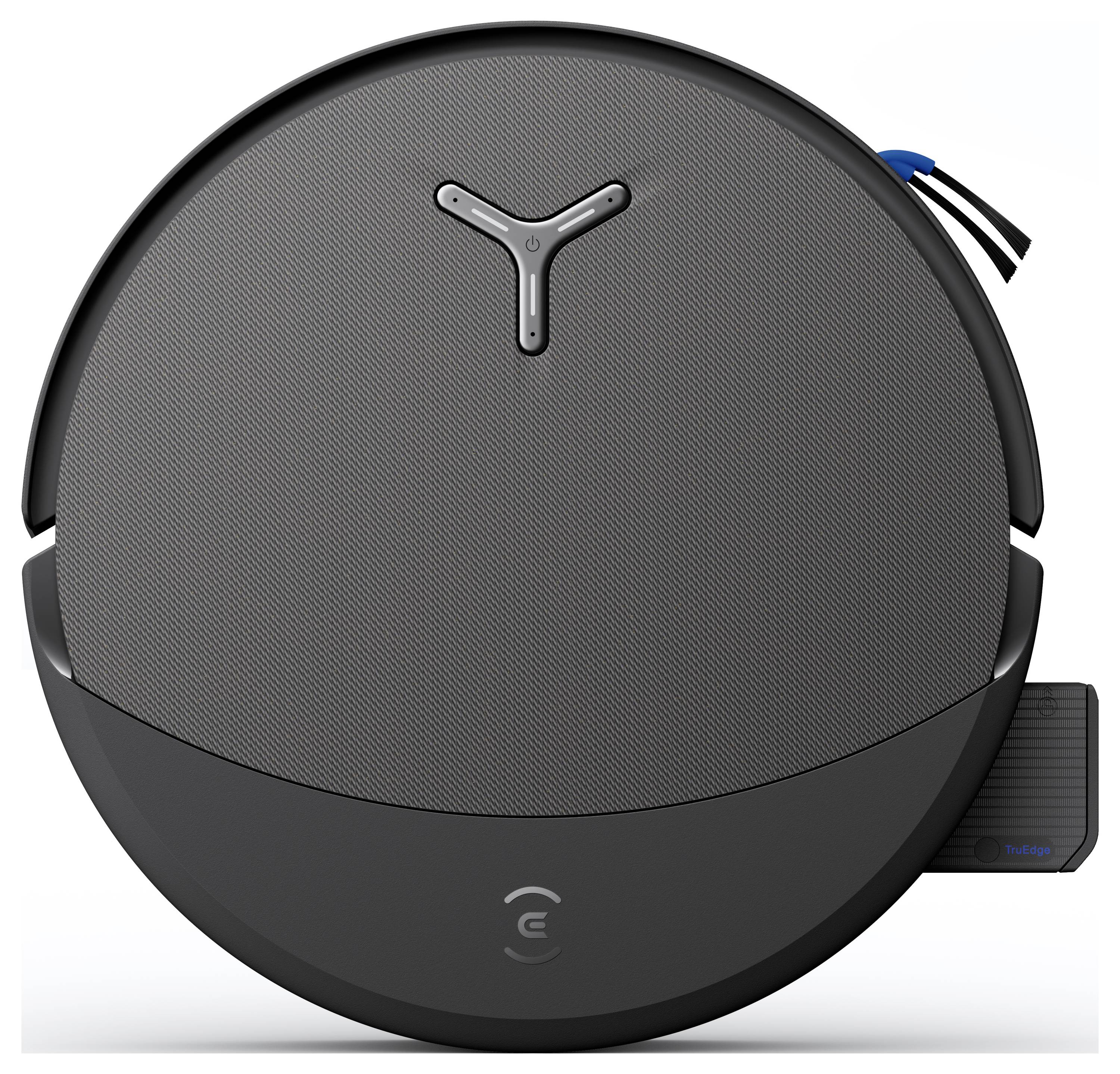 Runder Staubsaugerroboter mit grauer Oberfläche, zeigt ein „Y