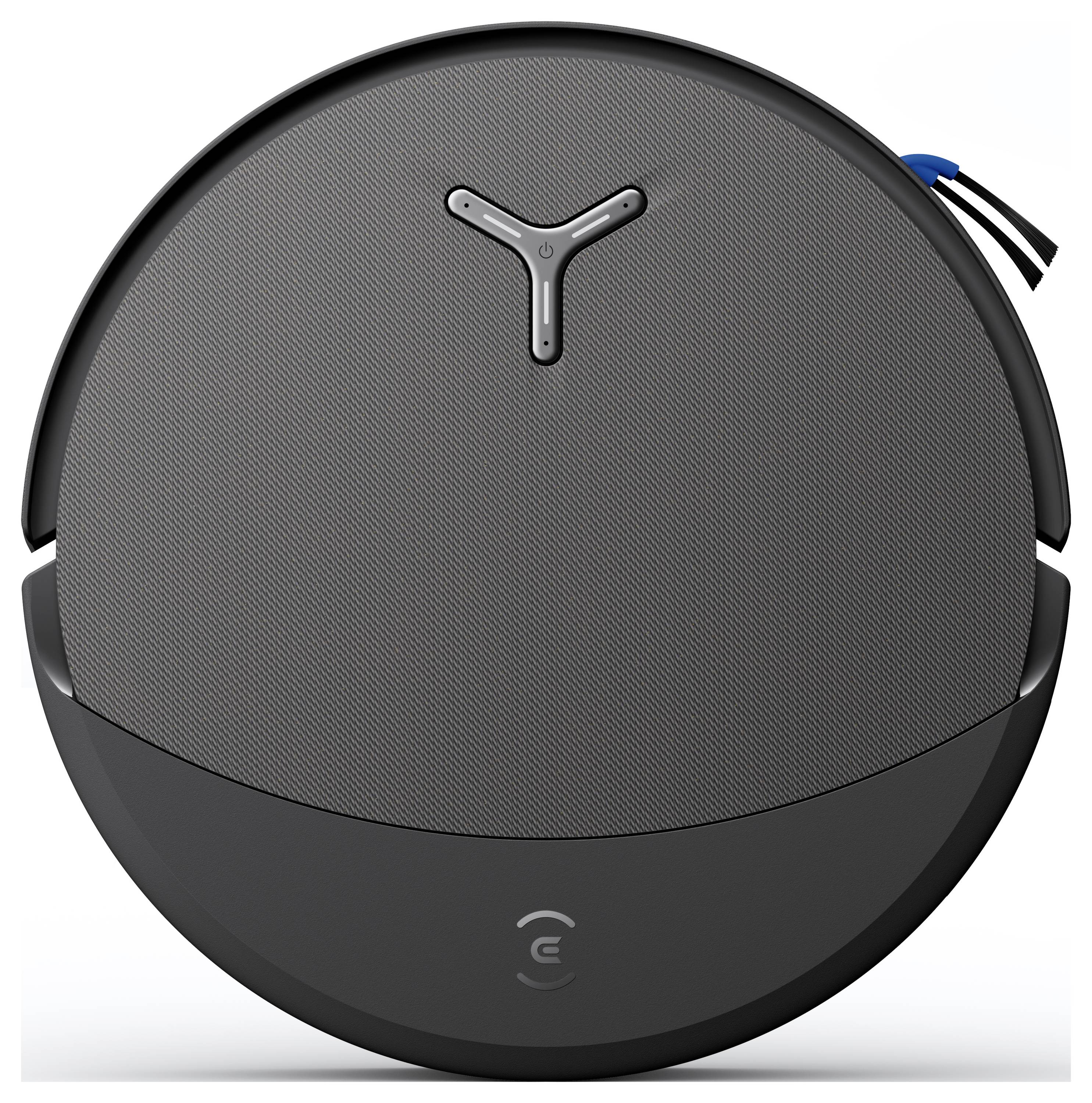 Ein runder Roboterstaubsauger mit elegantem schwarzem Finish, mit einem Y-förmigen zentralen Knopf und einem Wi-Fi-Verbindungssymbol.