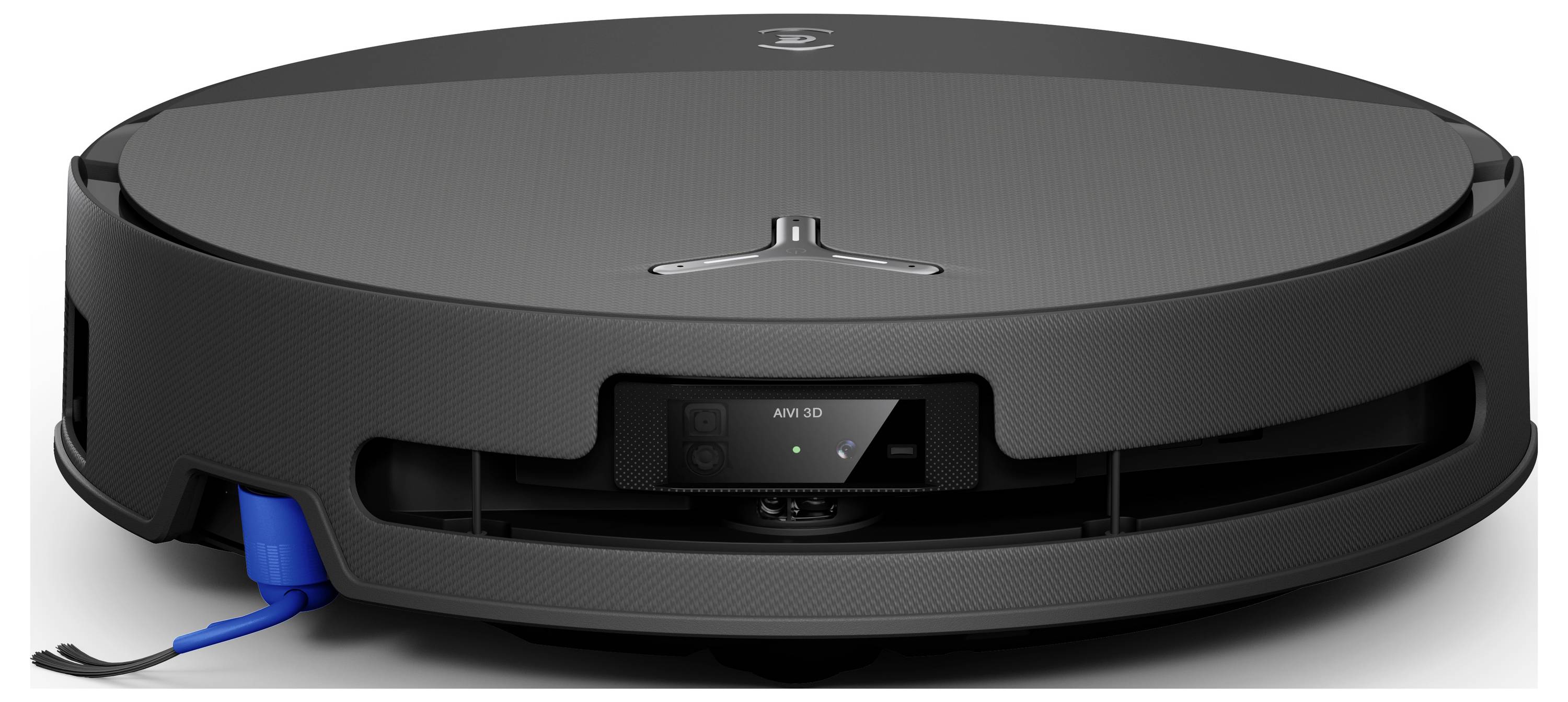 Ein schwarzer Roboterstaubsauger mit flachem Design, ausgestattet mit Sensoren und einer zentralen Bürste, auf einem einfachen weißen Hintergrund platziert.