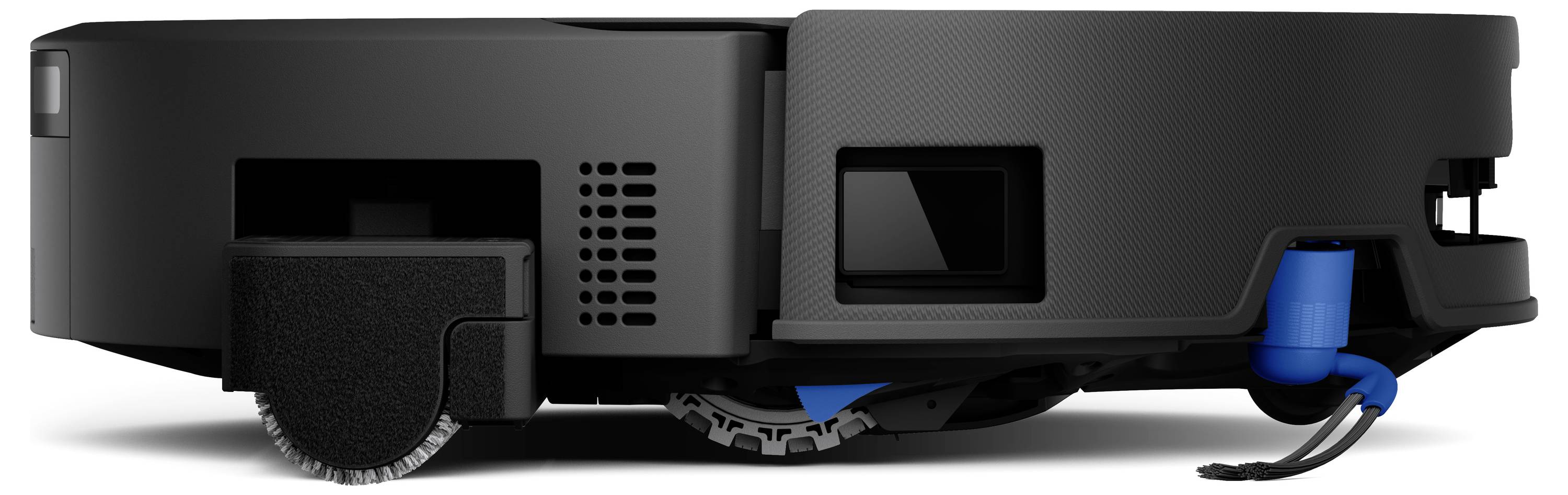 Ein schwarzer Roboterstaubsauger von der Seite betrachtet, der seine Räder und eine Reinigungsbürste darunter zeigt.