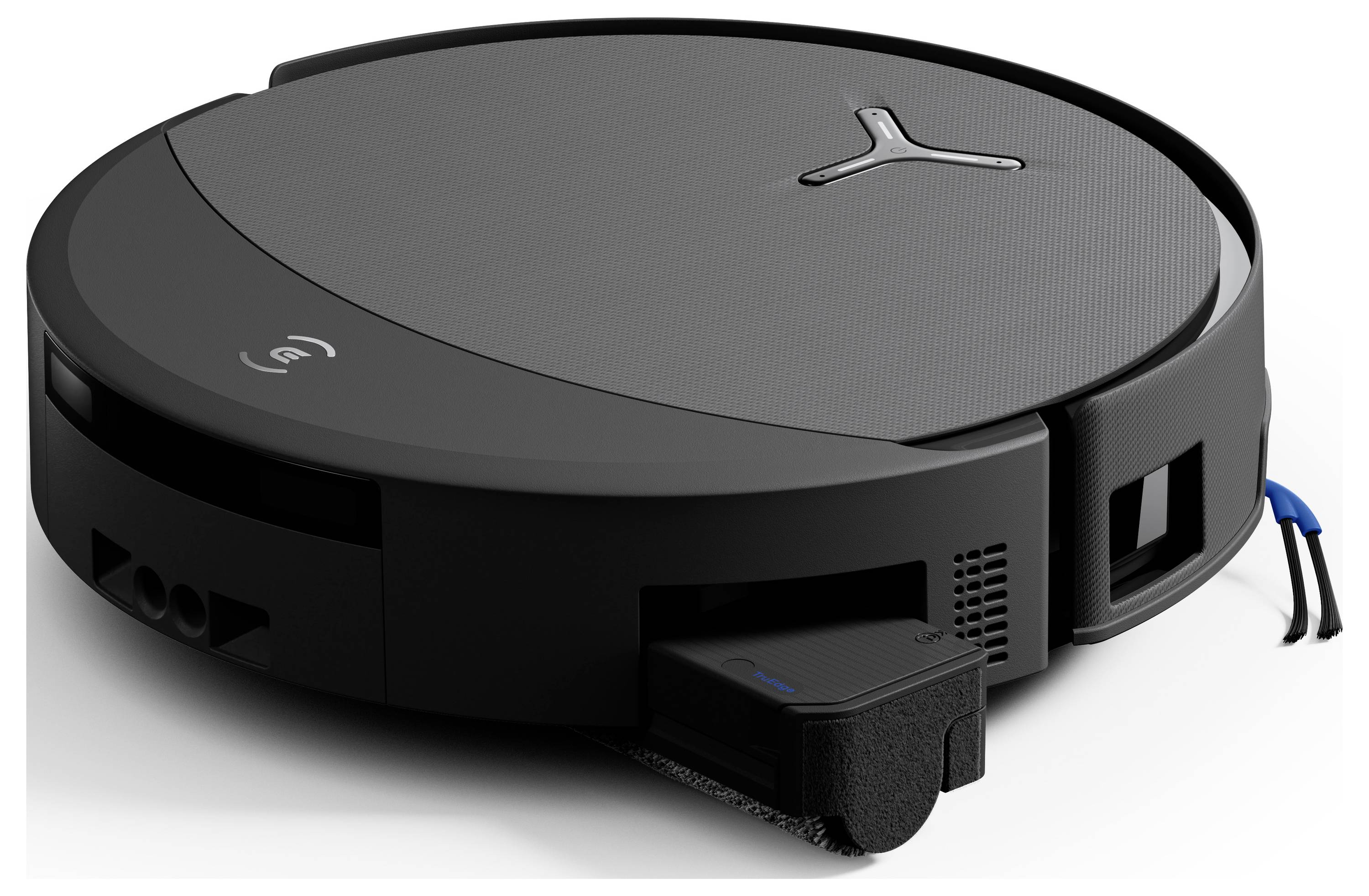 Ein schwarzer Roboterstaubsauger mit elegantem, rundem Design, ausgestattet mit Tasten auf der Oberseite und einem Behälter zur Sammlung von Staub und Schmutz.