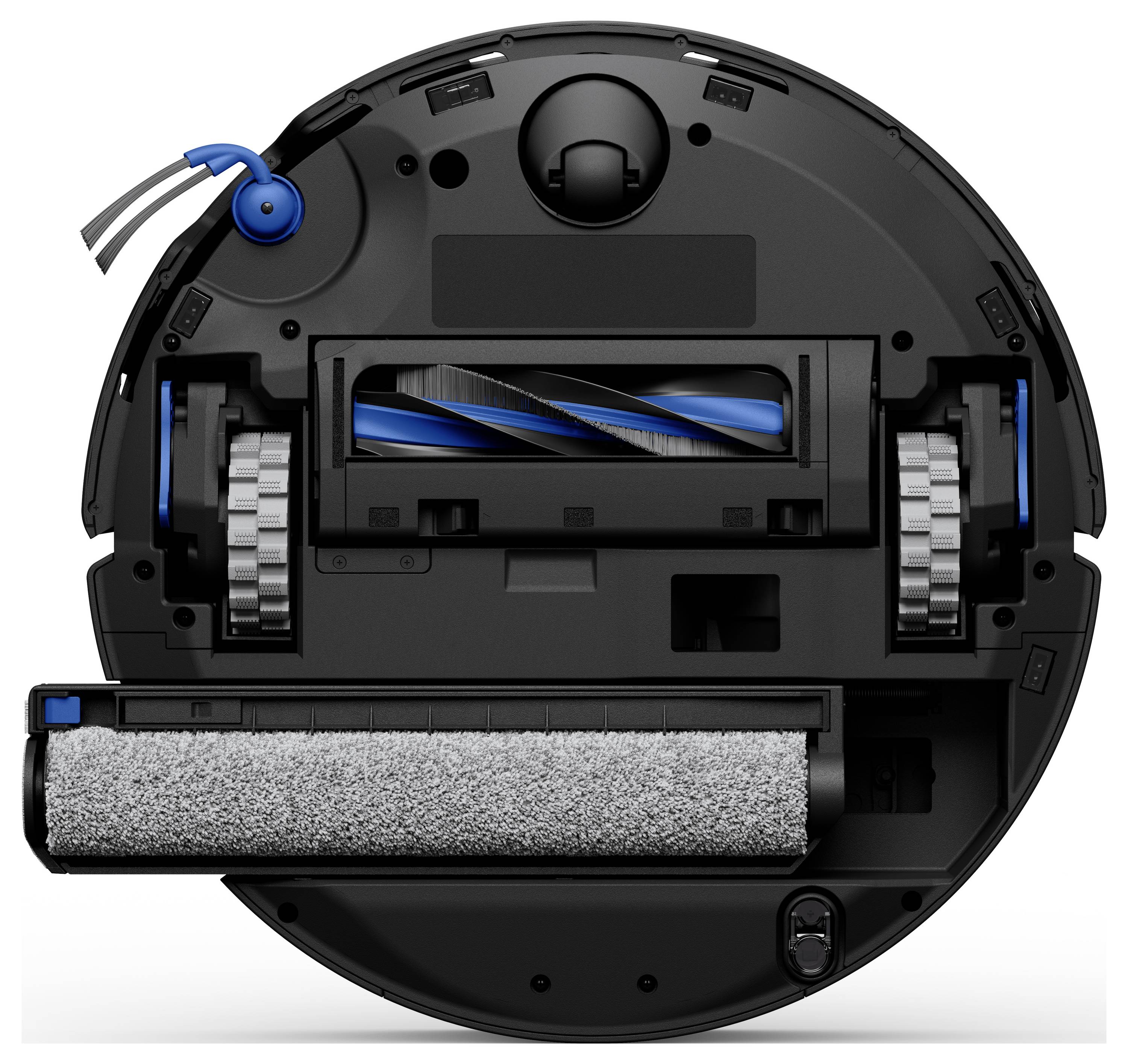 Das Bild zeigt die Unterseite eines Roboterstaubsaugers mit Bürsten, Rädern und einer weichen Walze, die zum Reinigen von Böden entwickelt wurde.