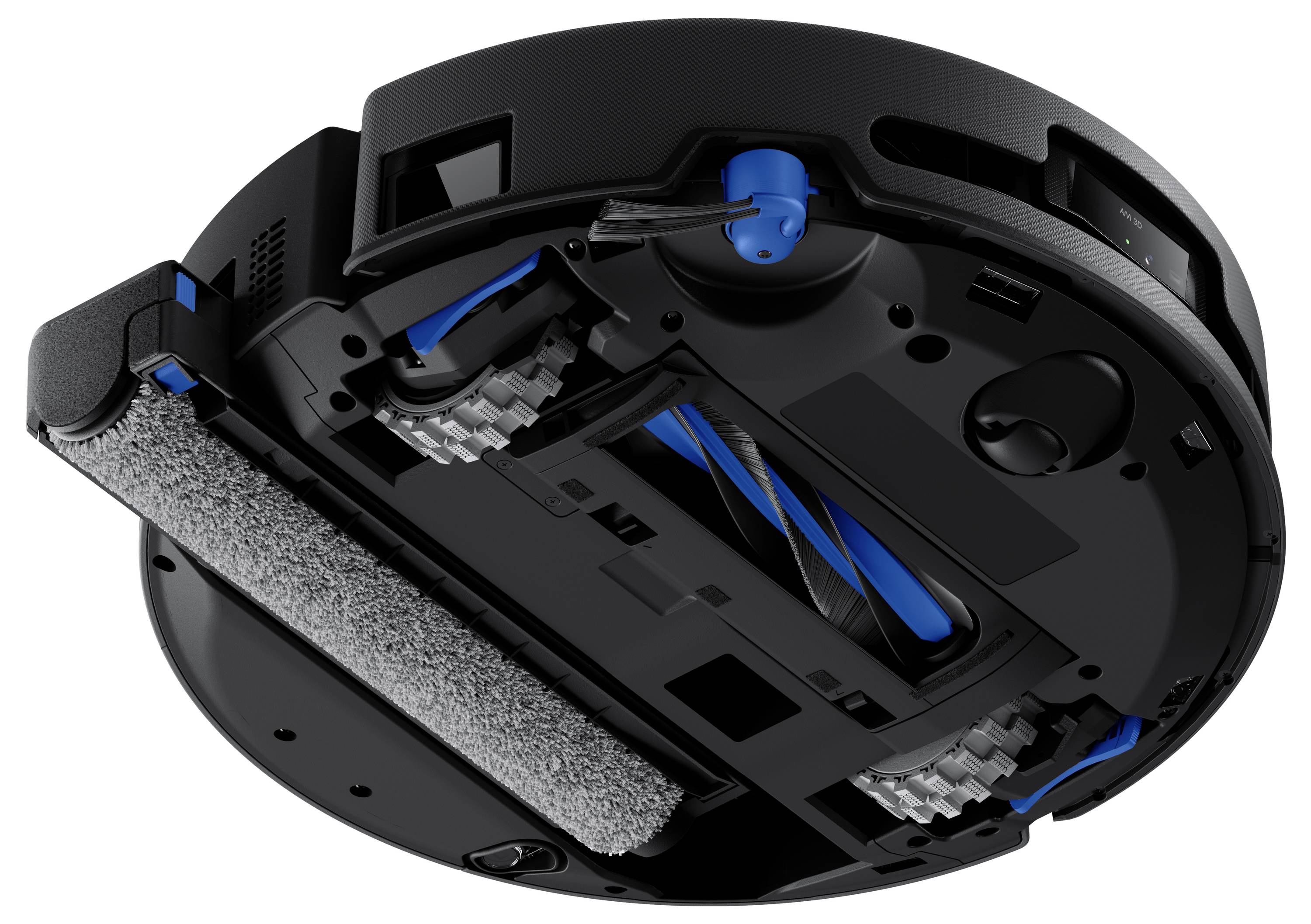 Unteransicht eines Roboterstaubsaugers mit Bürsten und Sensoren, die seinen Reinigungsmechanismus und die Technologie hervorheben.