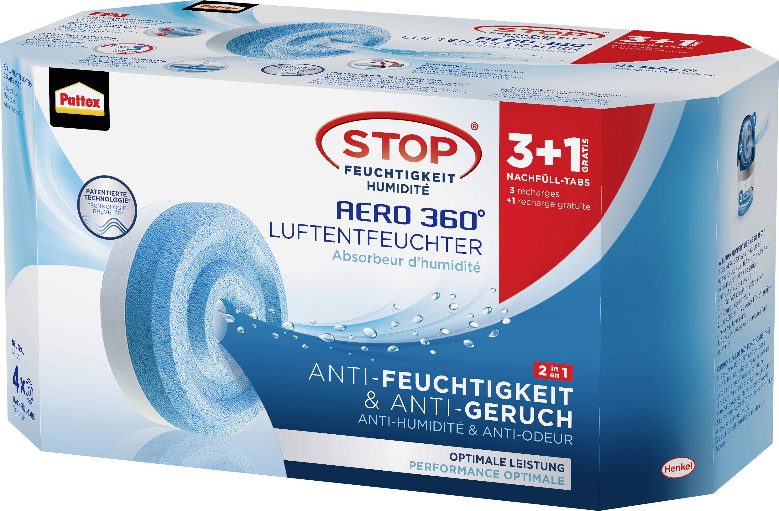 Produktbox für STOP Feuchtigkeit AERO 360° Luftentfeuchter, zeigt eine blaue Nachfülltablette und Ansprüche von Feuchtigkeits- und Geruchsbekämpfungsleistung.