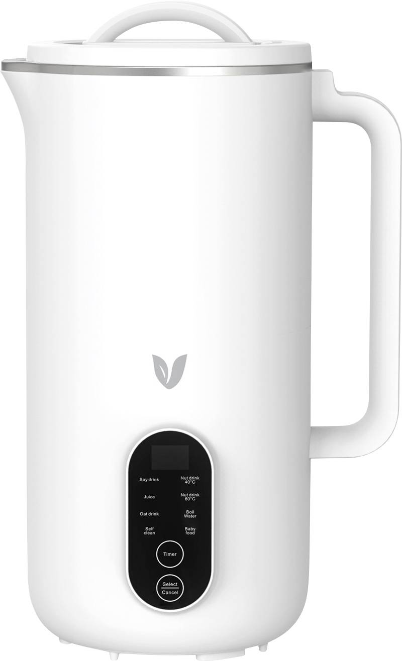 Ein weißer elektrischer Sojamilchbereiter mit Griff, digitaler Steuerungstafel und Blattlogo, konzipiert für die Hausnutzung.