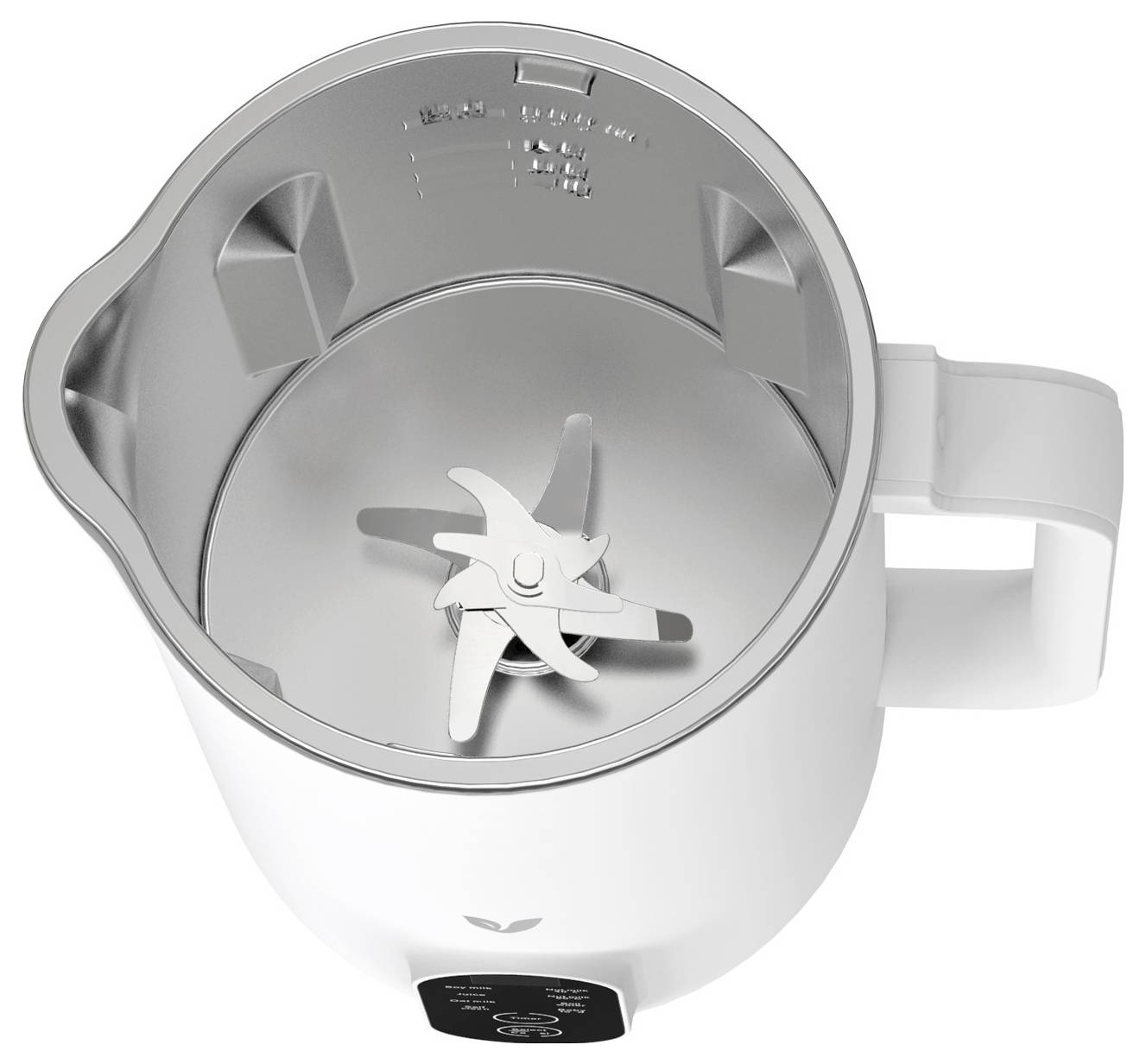 Draufsicht auf einen weißen Mixerkrug mit einer Metallklinge im Inneren, die Messskalen an der Innenwand zeigt.