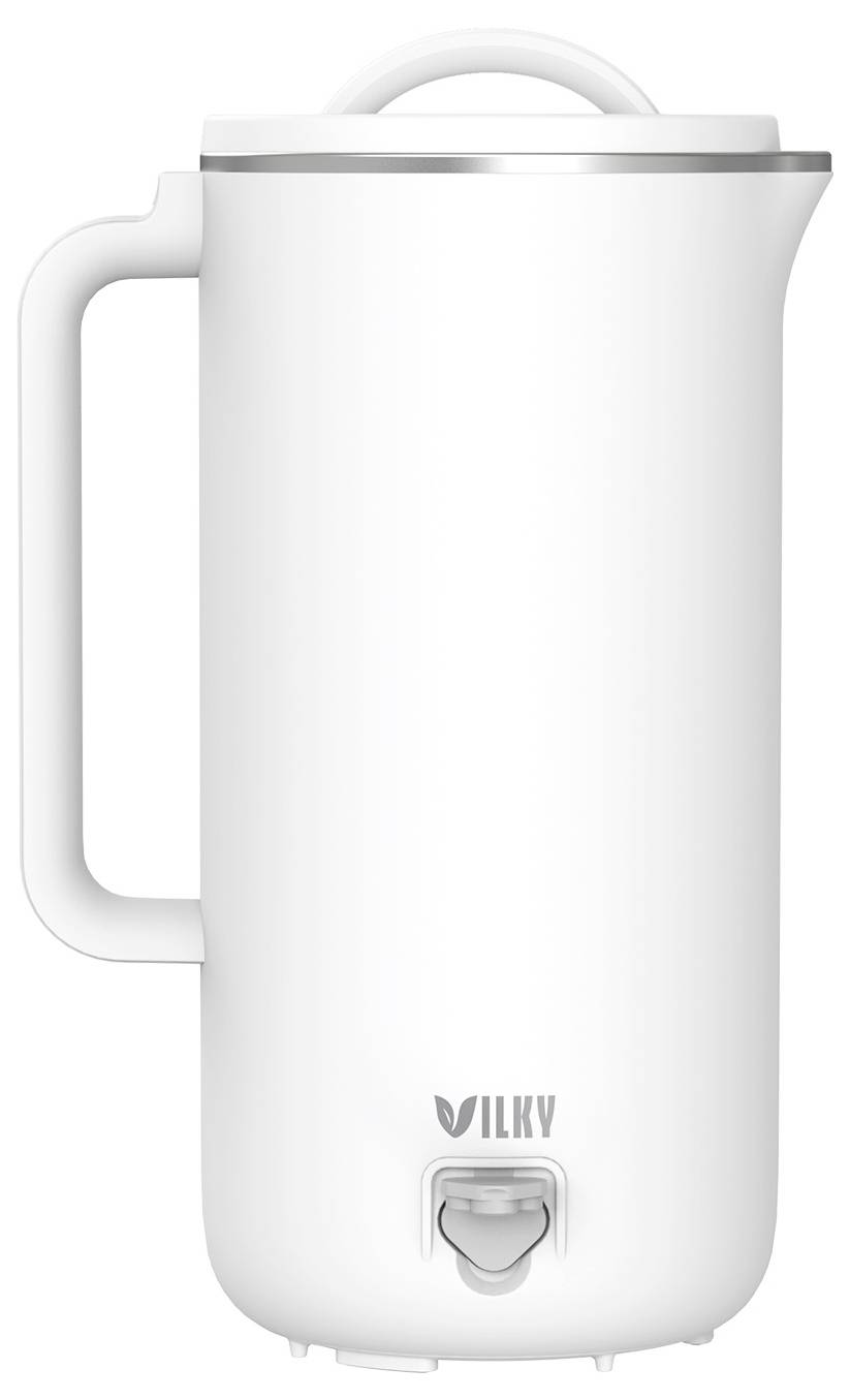Weißer elektrischer Wasserkocher mit Griff und Ausguss, das Markenlogo „VILKY