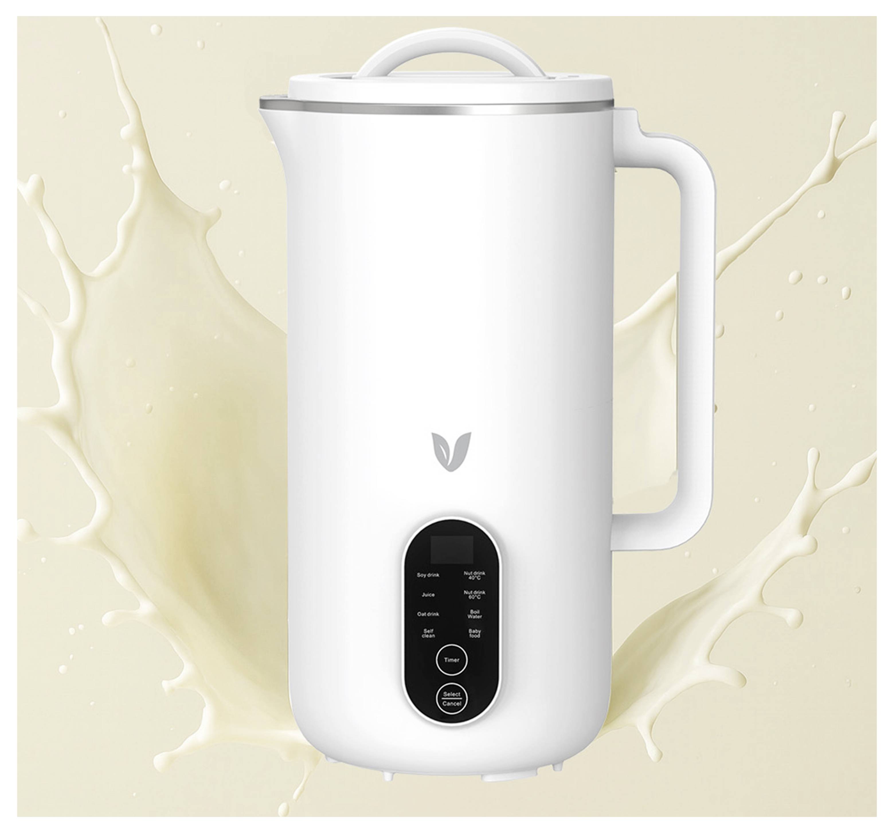 Ein weißer, moderner elektrischer Milchaufschäumer mit digitaler Anzeige und Griff, vor einem Spritzerhintergrund angebracht, der Bewegung oder Verwendung anzeigt.