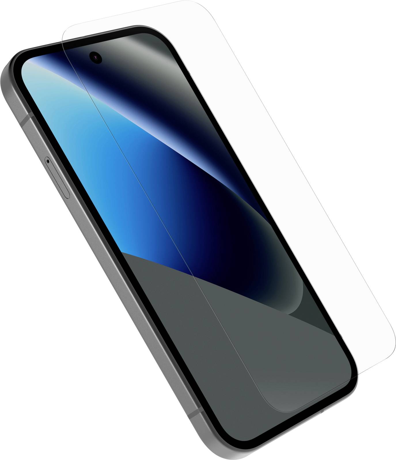 Geneigtes Smartphone mit einer transparenten Displayschutzfolie, die über dem Display ausgerichtet ist.