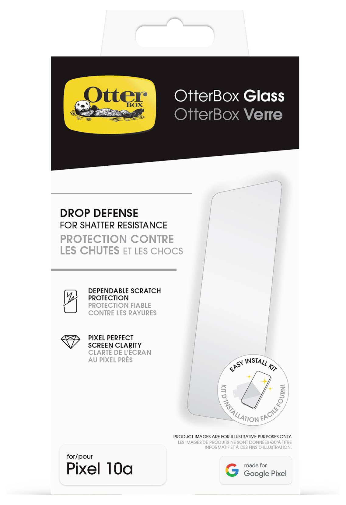 OtterBox Glasschutzfolie Verpackung für Google Pixel 10a, zeigt „Drop Defense für Stoßfestigkeit