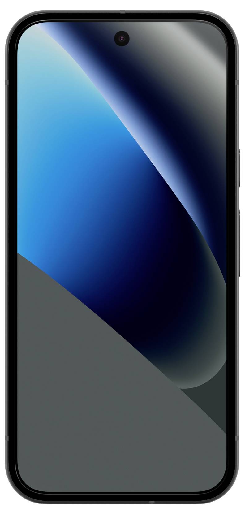 Vorderansicht eines schwarzen Smartphones mit einer zentral angebrachten Frontkamera und abstraitem blaugrau gefärbtem Bildschirmhintergrundbild.