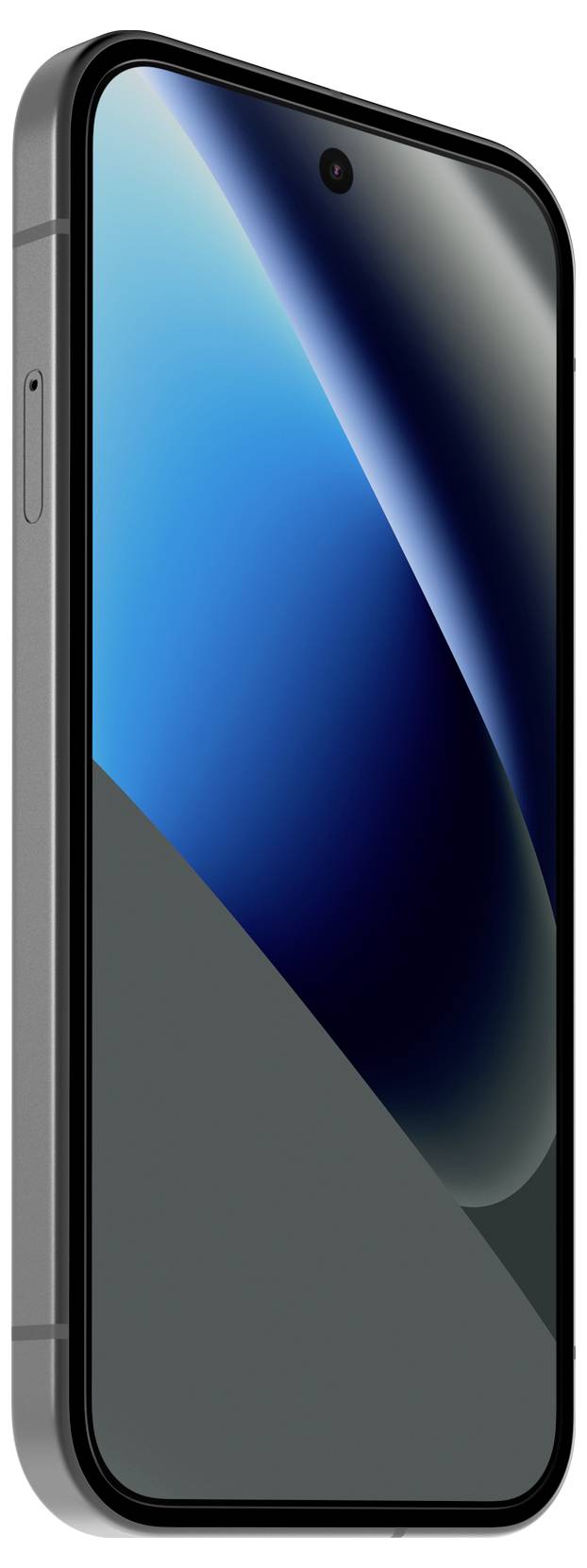 Ein schwarzes Smartphone, von vorne in leichtem Winkel gezeigt, mit einem blauen abstrakten Hintergrundbild auf dem Bildschirm.