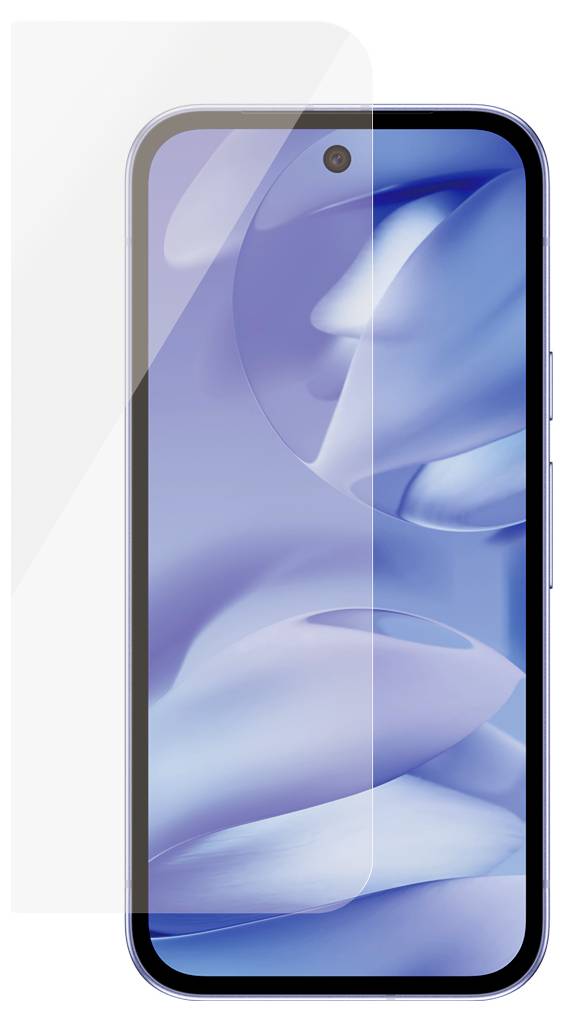 Vorderansicht eines Smartphones mit blauem abstraktem Hintergrundbild und zentrierter Lochkamera, gezeigt mit einer transparenten Schutzhülle oder einem Bildschirmschutz.