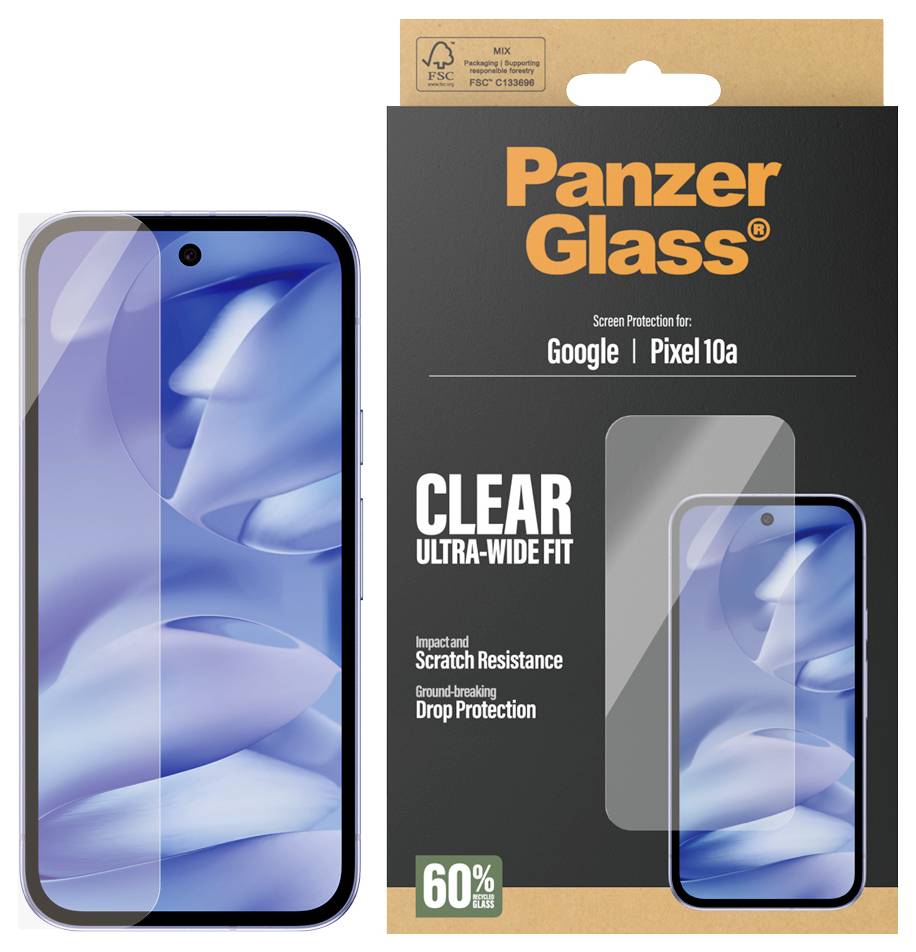 Panzer Glass Displayschutzfolie für Google Pixel 10a, zeigt einen klaren ultra-breiten Displayschutz mit Aufprall-, Kratzer- und Sturzschutz.