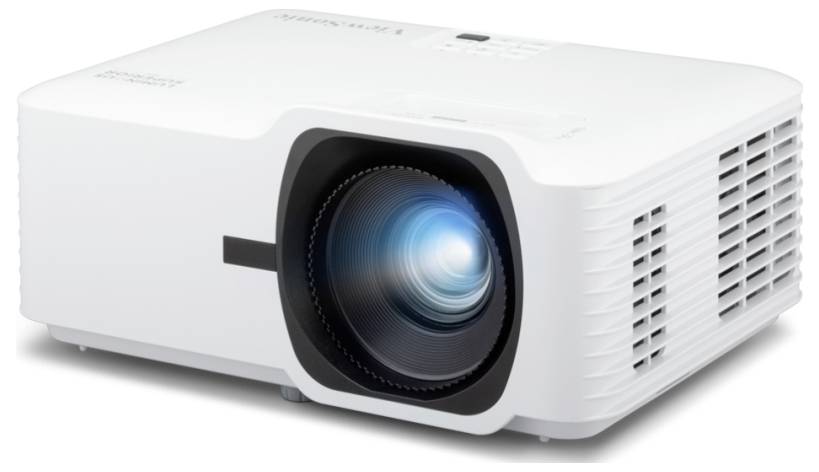 Ein weißer Multimediaprojector mit großem Objektiv an der Vorderseite, konzipiert für die Verwendung im Büro oder Heimkino.