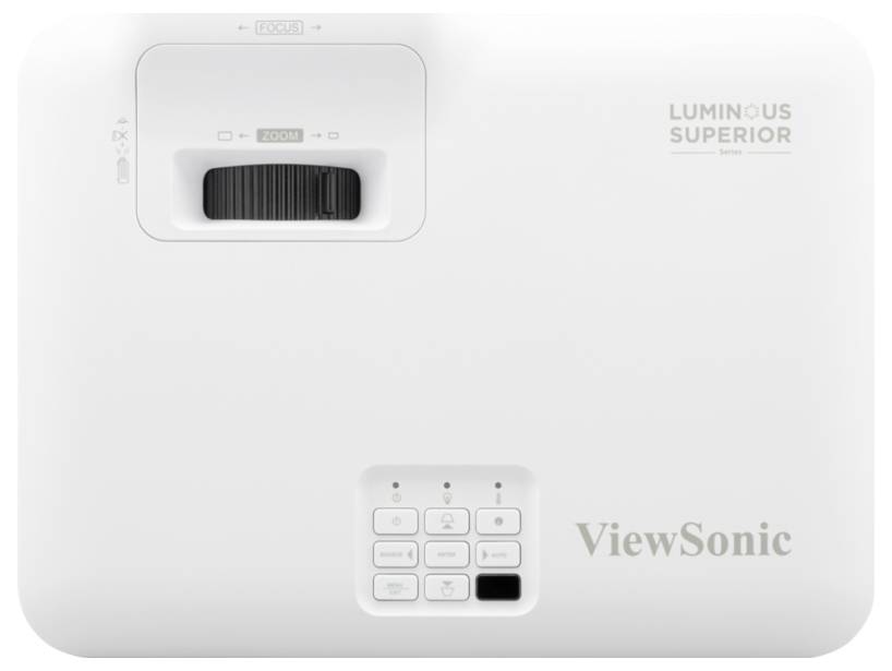 Ein weißer ViewSonic-Projektor mit Bedienfeld und Zoom-Regler. Das Logo der Serie „Luminous Superior
