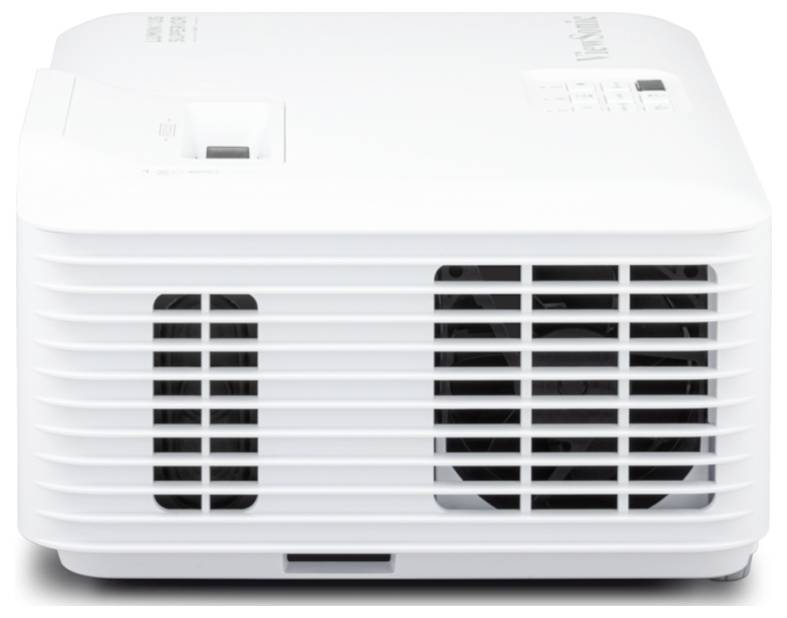 Ein weißer Projektor mit belüfteter Seitenseite, Stromversorgungs- und Funktionstasten oben, entworfen für Präsentationen oder Heimkino-Nutzung.