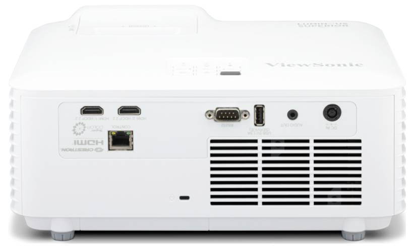 Das Bild zeigt die Rückansicht eines weißen ViewSonic-Projektors mit HDMI-, VGA-, USB-, LAN-Anschlüssen und einem Stromstecker.